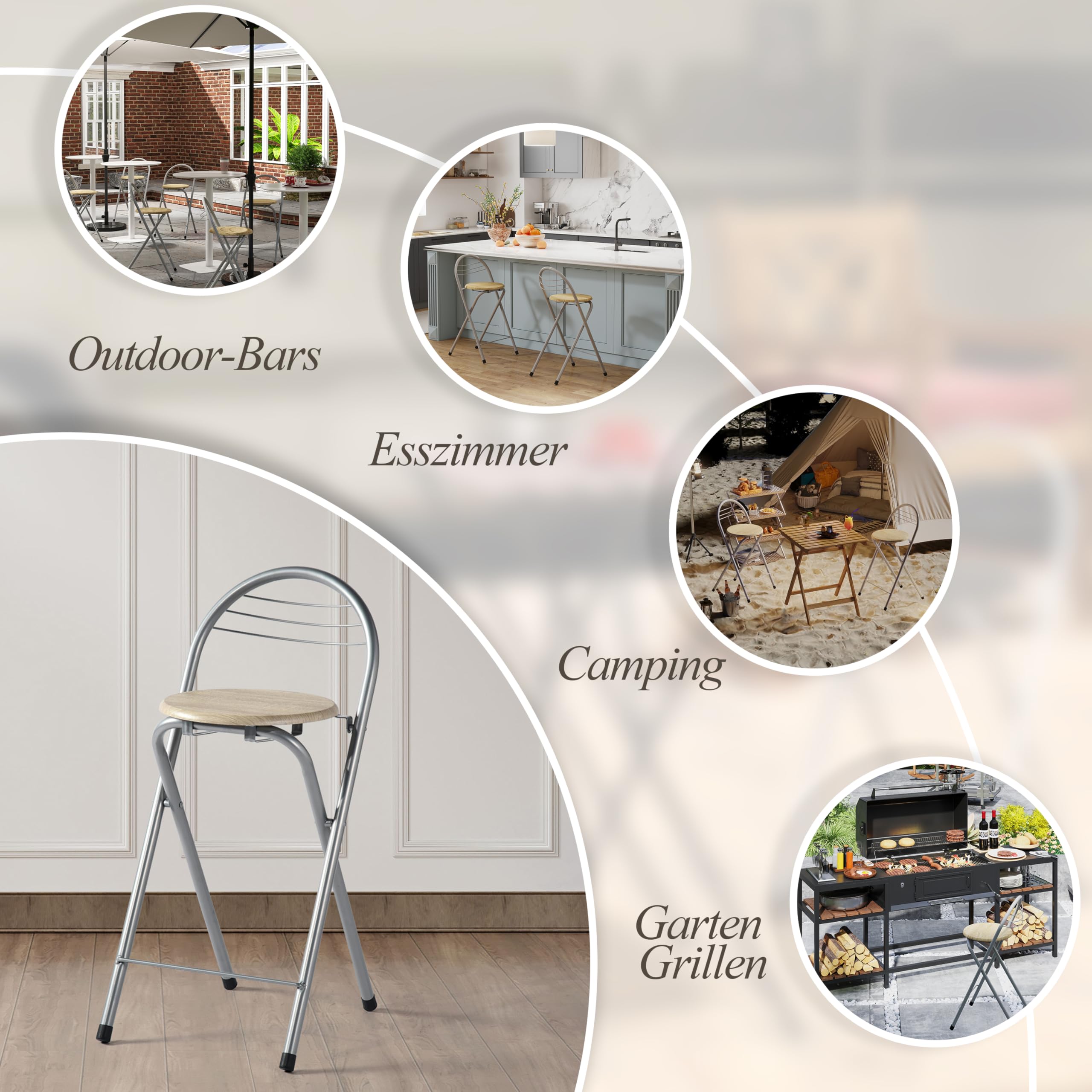 Tabouret Haut de Bar Pliant Lot de 2, Chêne&Argent/Hauteur D'Assise 61CM | Tabouret et Chaise de Bar Haute Pliante Pliable avec Dossier pour Exterieur Interieur Camping Jardin Balcon Salon