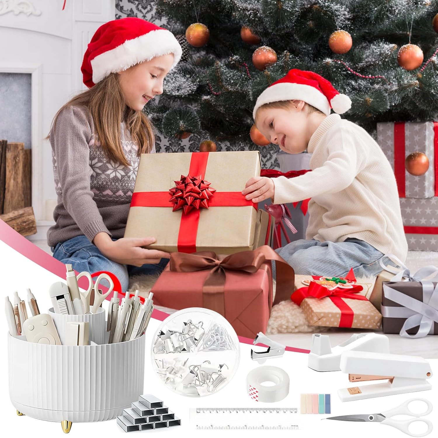 11 Pcs White Desk Accessories, 360 Degree Rotating Pen Holder Set with Stapler Set, Tape Dispenser Set, Scissor, Paper Clips Kit, Pen, Ruler & Sticky Tabs for Office School Home (White)