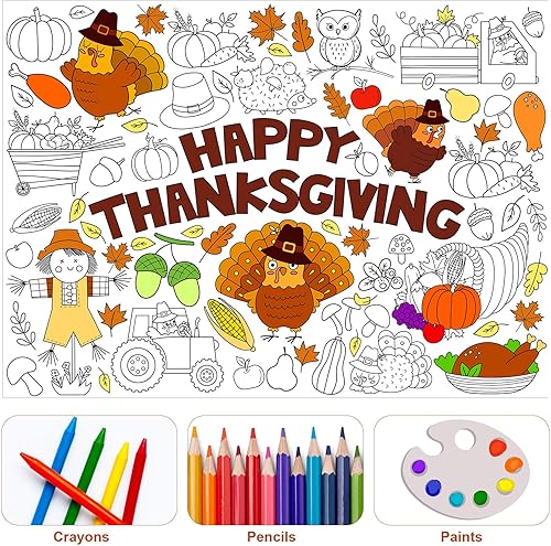 Miniatura 4 de Póster gigante para colorear de Acción de Gracias con 6 crayones apilables, juego de recuerdos de fiesta de Acción de Gracias de calabaza grande,