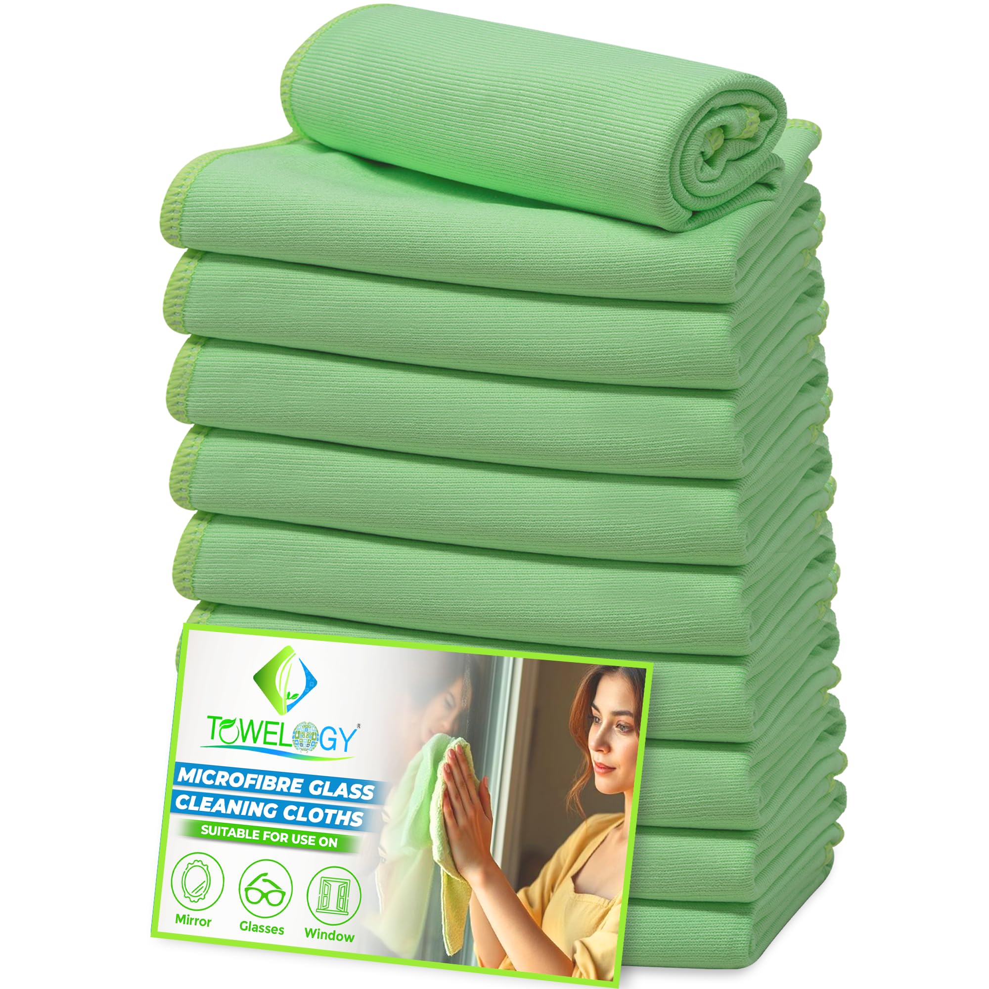 Towelogy® Microfibre Glass Cleaning Cloths | Streak Free Windows & Mirrors | Large Lint-Free Glass Cloths | Reusable & Machine Washable (10)
