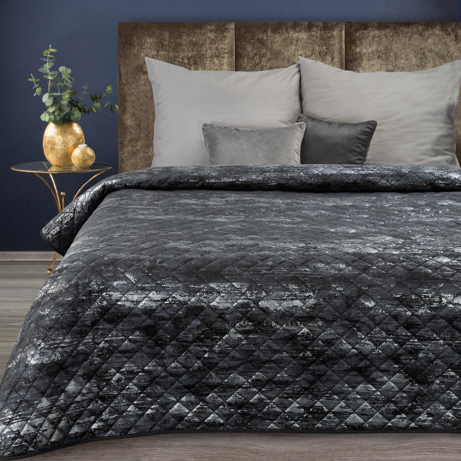 Eurofirany Couvre-Lit Matelassé Velours Marbré Glamour Argenté 220x240 Cm - Double Face Élégant Pour Lit Double