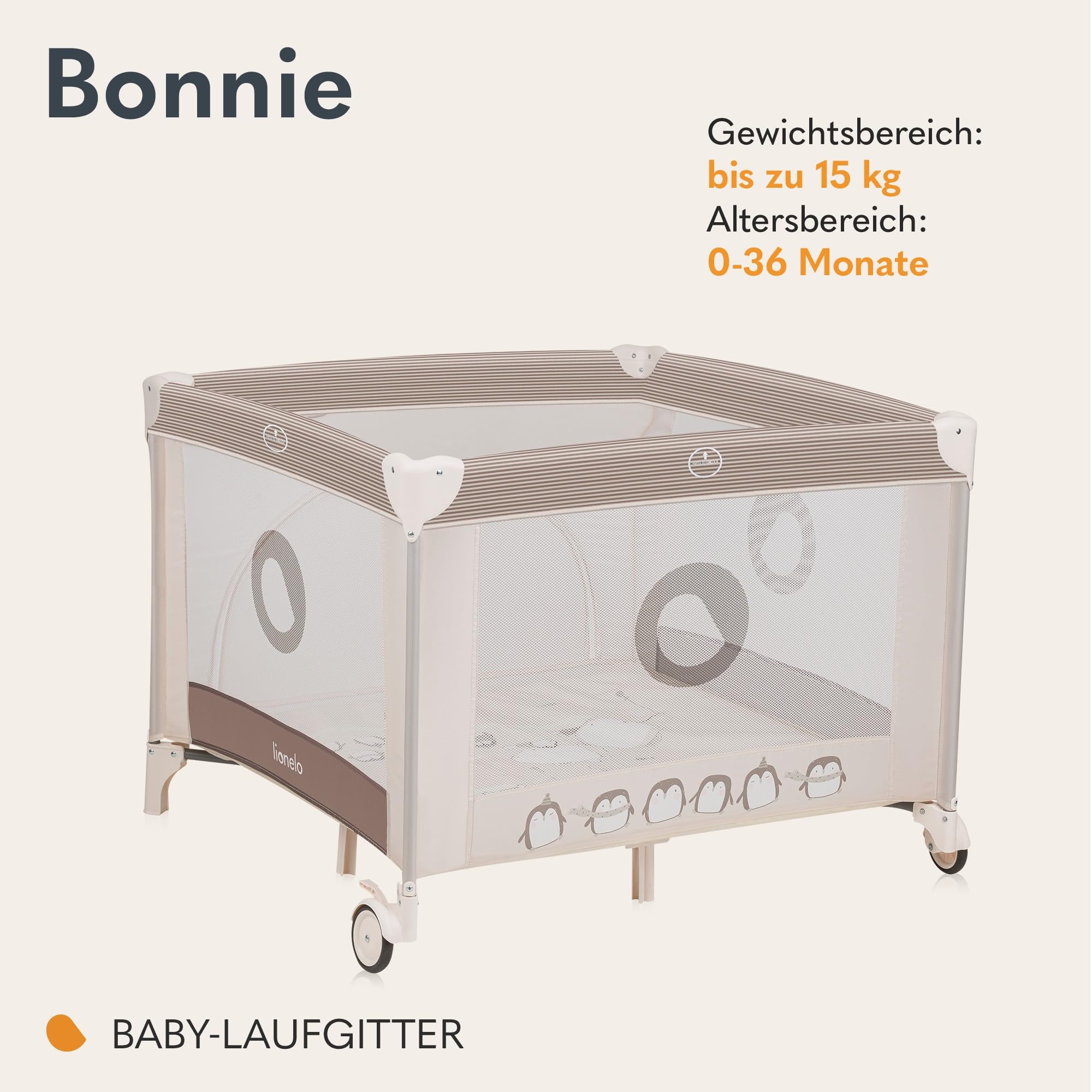 LIONELO BONNIE Laufgitter bis 15 kg, von der Geburt bis 36 Monate, Seitlicher Zugang mit Reißverschluss, Seiten mit Luftmaschen, schnell zusammenklappbar, gebremste Räder, Tragetasche