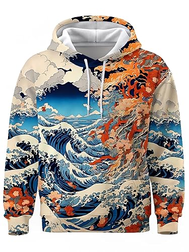 Unisex Japanese Hoodie 3D Print Crane Sweatshirt with Pocket