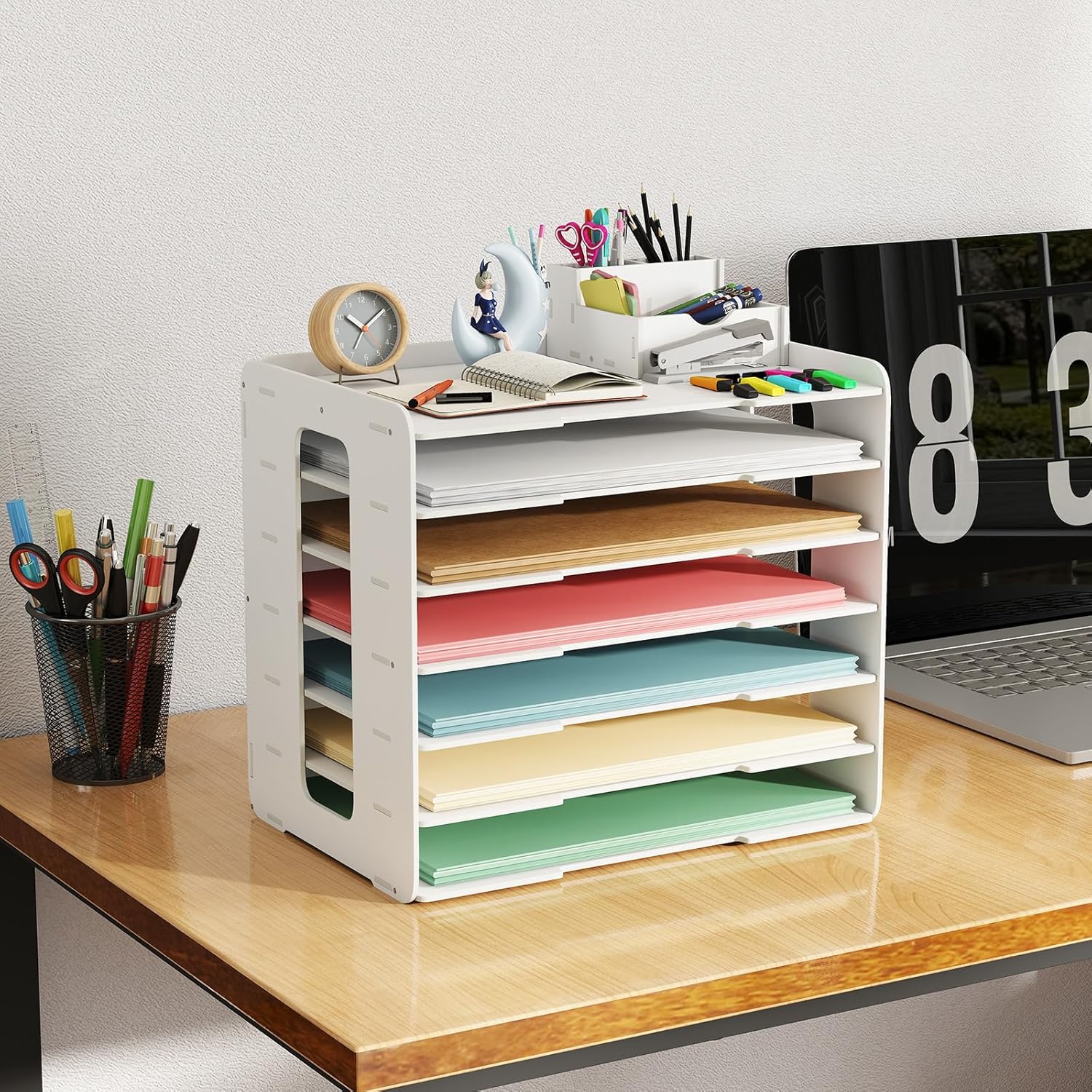 PVC 11X17 Construction Paper Storage Organizer, A3 Paper Organization for Desk 7-Slot Document File Holder Letter Sorter Office Supplies Organizer for Home School Adjustable & Space-Saving