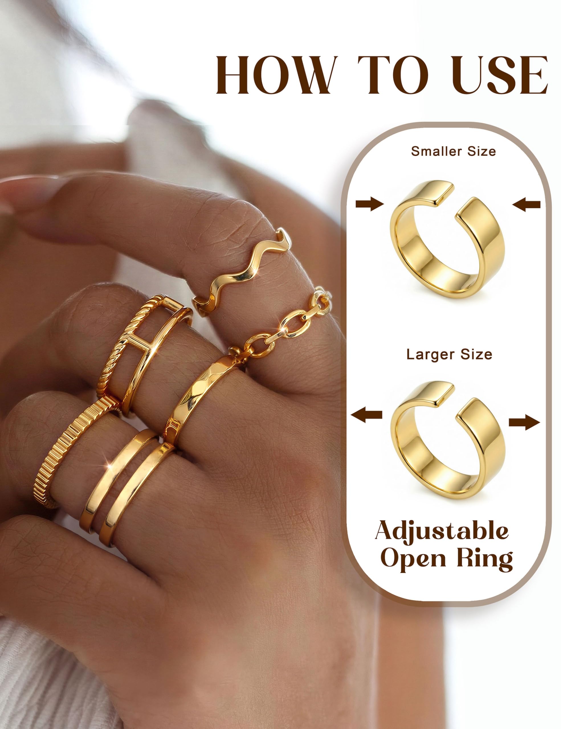 JeweBella 12 Stück Ringe Gold Silber Wasserfest Ring Damen Edelstahl 18K Vergoldete Trendy Stapelbare Offene Ringe Set Frauen Verstellbar Daumenring Fingerring Stapelringe Damen Schmuck