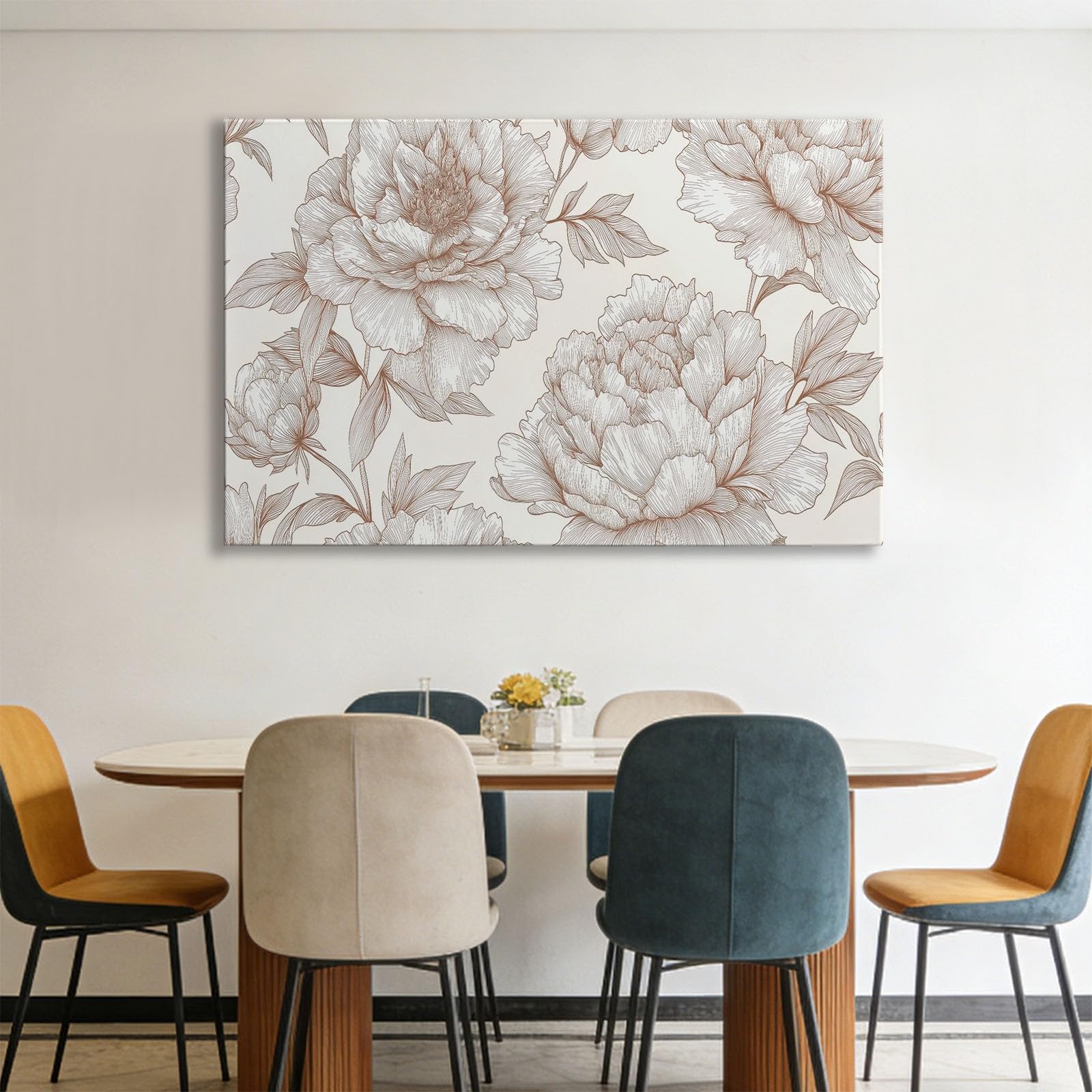Generisch Handgezeichnet Blumen Pfingstrose Modernes Leinwandbild 120L x 60B cm mit Rahmen, Vintage XXL Wanddeko für Wohnzimmer Geschenk Idee Einzug - Hochwertiger Kunstdruck auf Holzrahmen