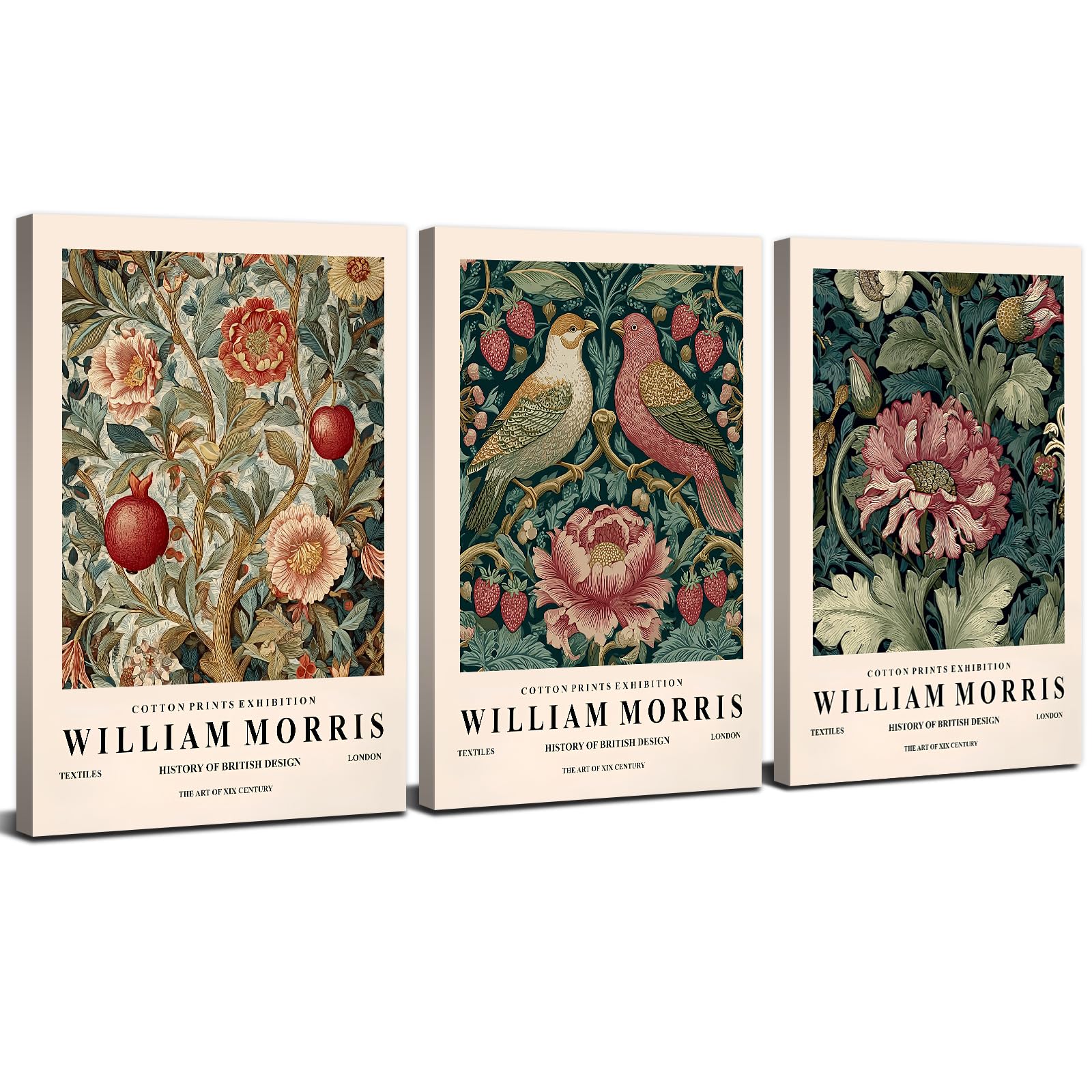 3Pcs William Morris Wall Art Vintage Flower Canvas Prints for Bedroom Nature Wildflower Painting Poster Rustic Animal Birds Pink Botanic Canvas Artwork for Living Room Office Home Decorations 12x16"