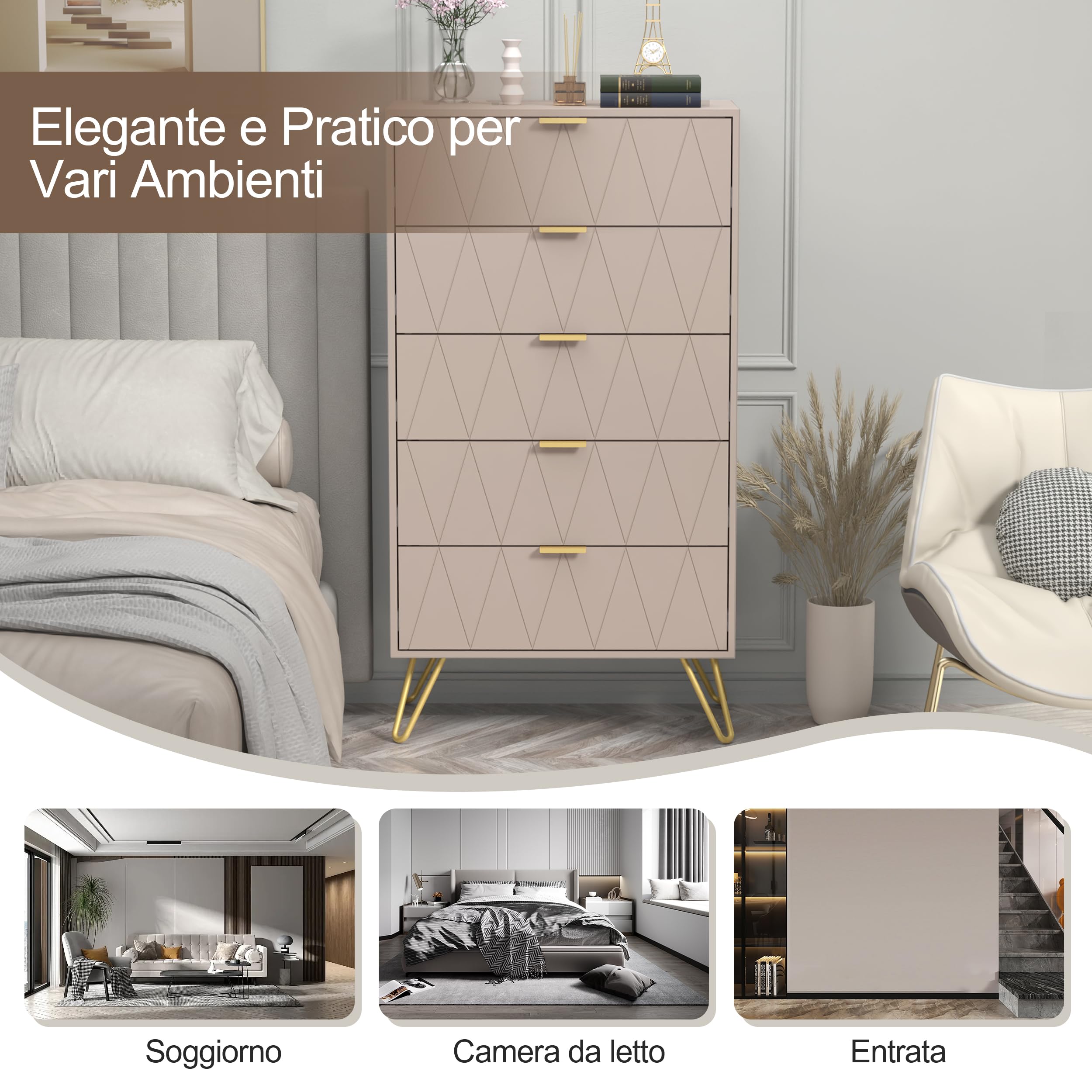 UEV Cassettiera a 5 Cassetti con Motivo a Linea, 60x34x110cm, Beige Moca