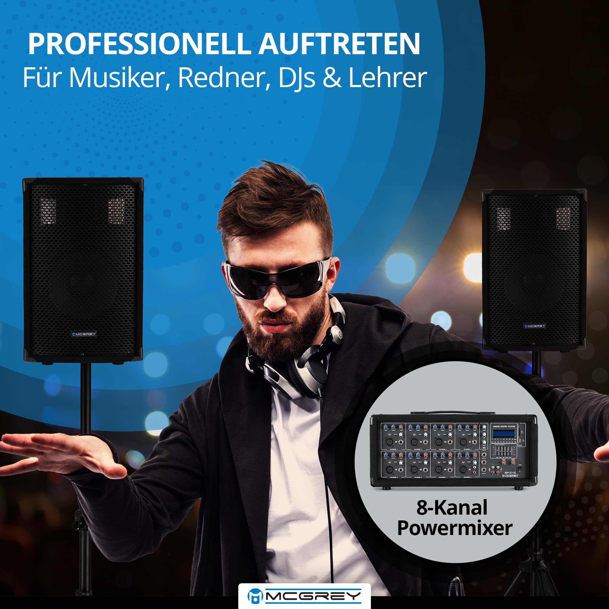 McGrey BP-215 Bandpack PA-Anlage - 8-Kanal Powermixer - digitaler Hall - Bluetooth - USB/SD-Slot - 2-Wege-Lautsprecher mit 15" Woofer und Horn - Inklusive Mikrofon, Stative und Kabel - 150 Watt
