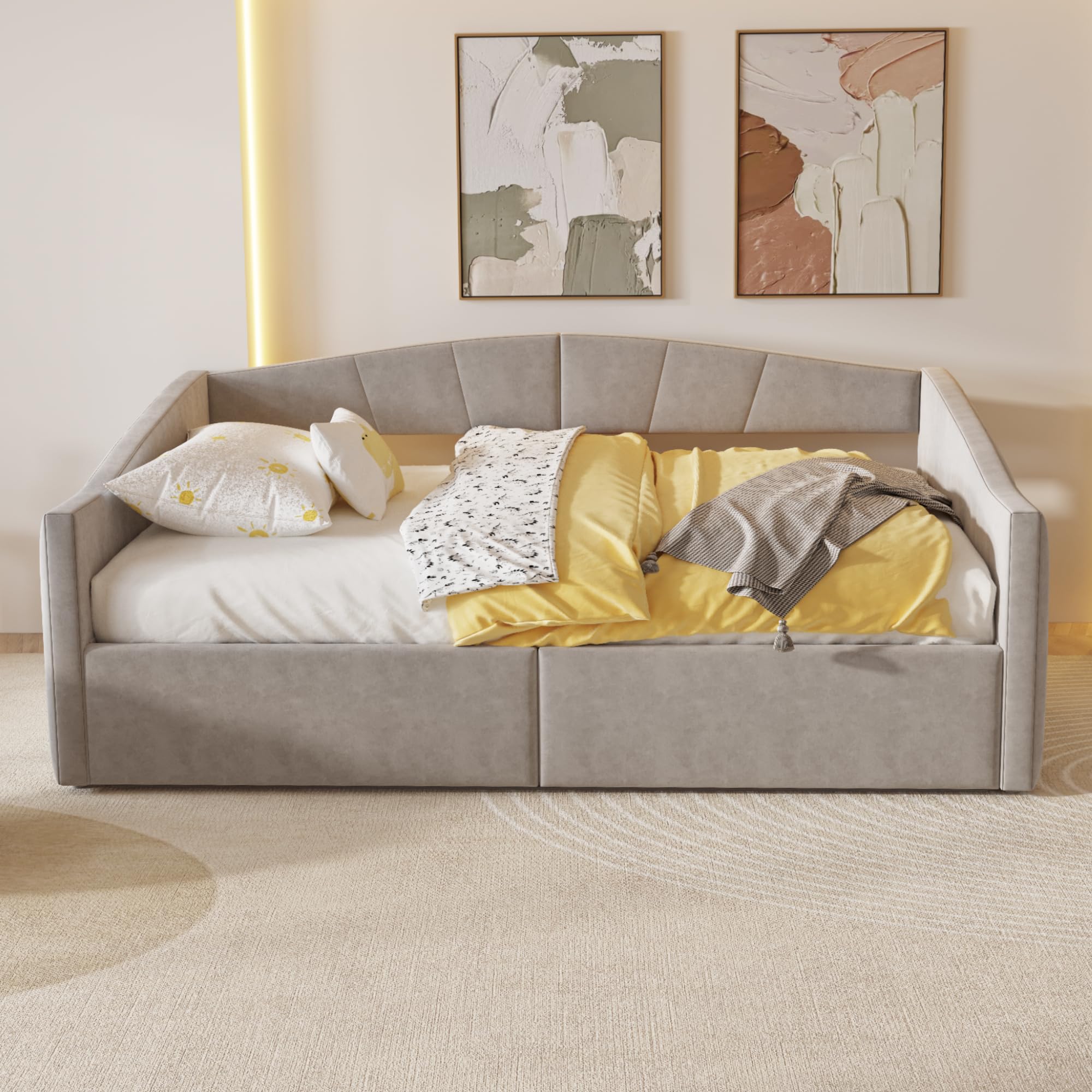 Tagesbett Schlafsofa 140x200 cm, Polsterbett mit Hydraulischer Lagerung, Sofabett mit Lattenrost und Armlehnen, Klassisch Gestreift, Samtstoff, Ohne Matratze, Hellgrau