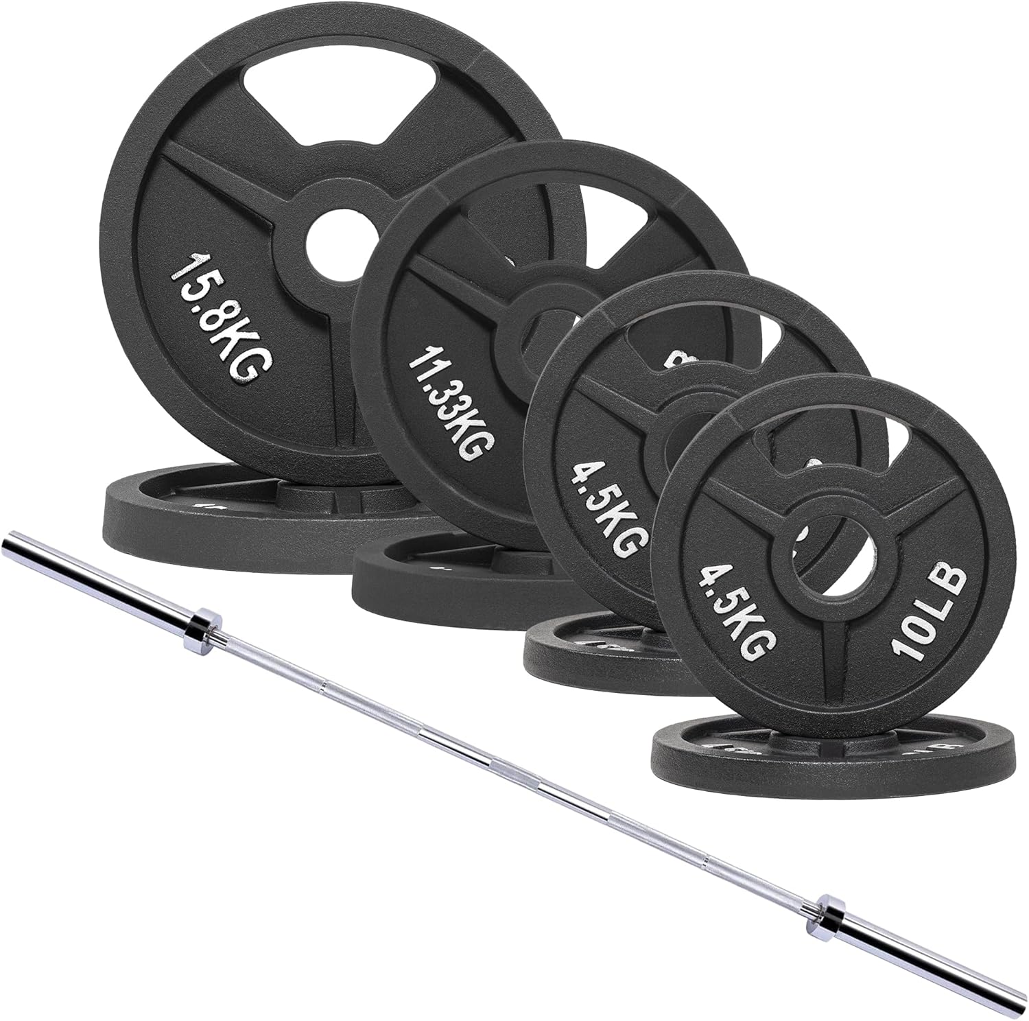 Signature Fitness 2 tuuman valurautatankosarja, mukaan lukien useita LBS-painolevyjä ja 6 jalkaa tankosetti, useita