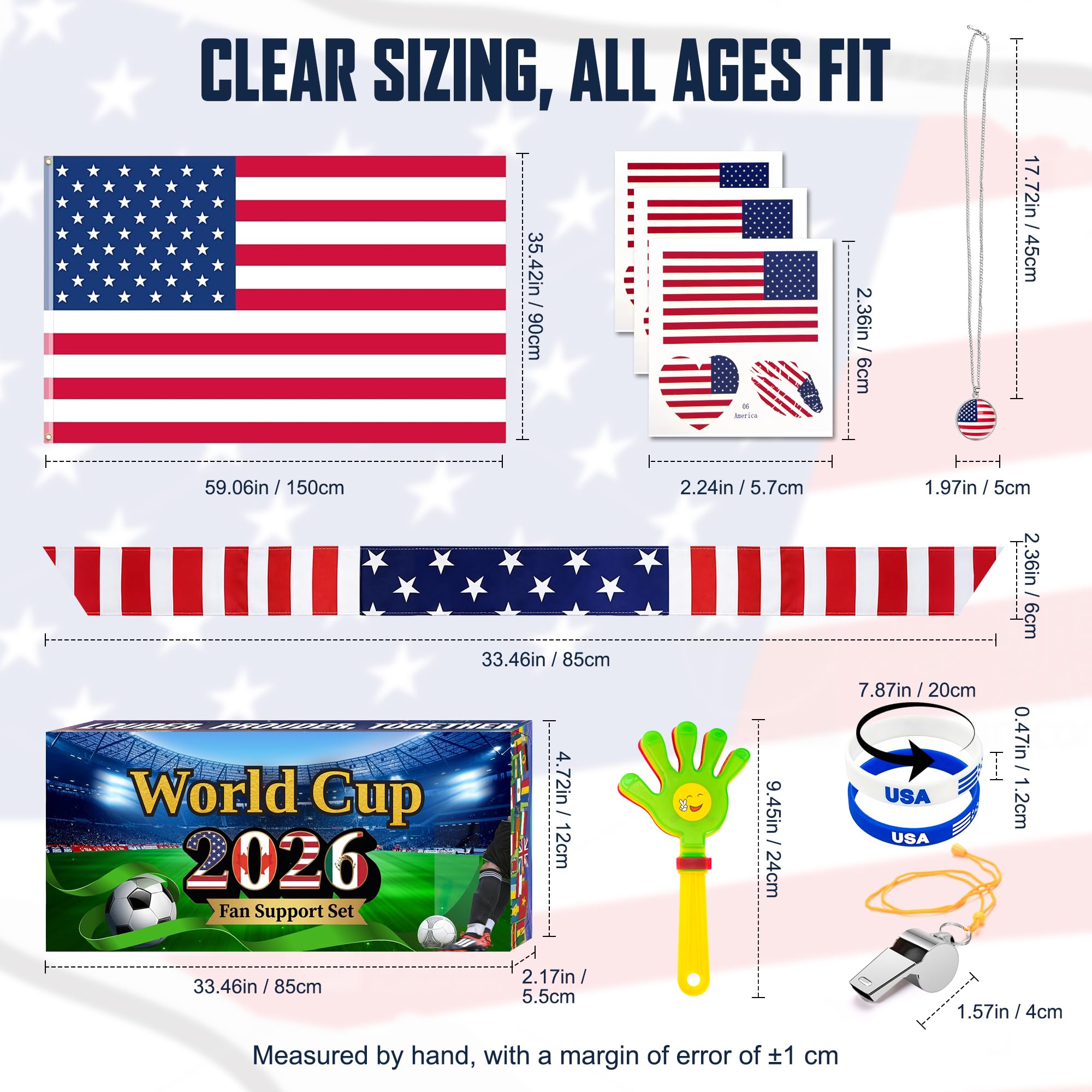 2026 World Cup Fan Accessories Kit 7PCS, Soccer Support Gear Set for Enthusiasts, Flag, Necklace, Wristband, Headband, Clapper, Whistle & Decals, for Watch Party & Stadium Events (United States) - 4