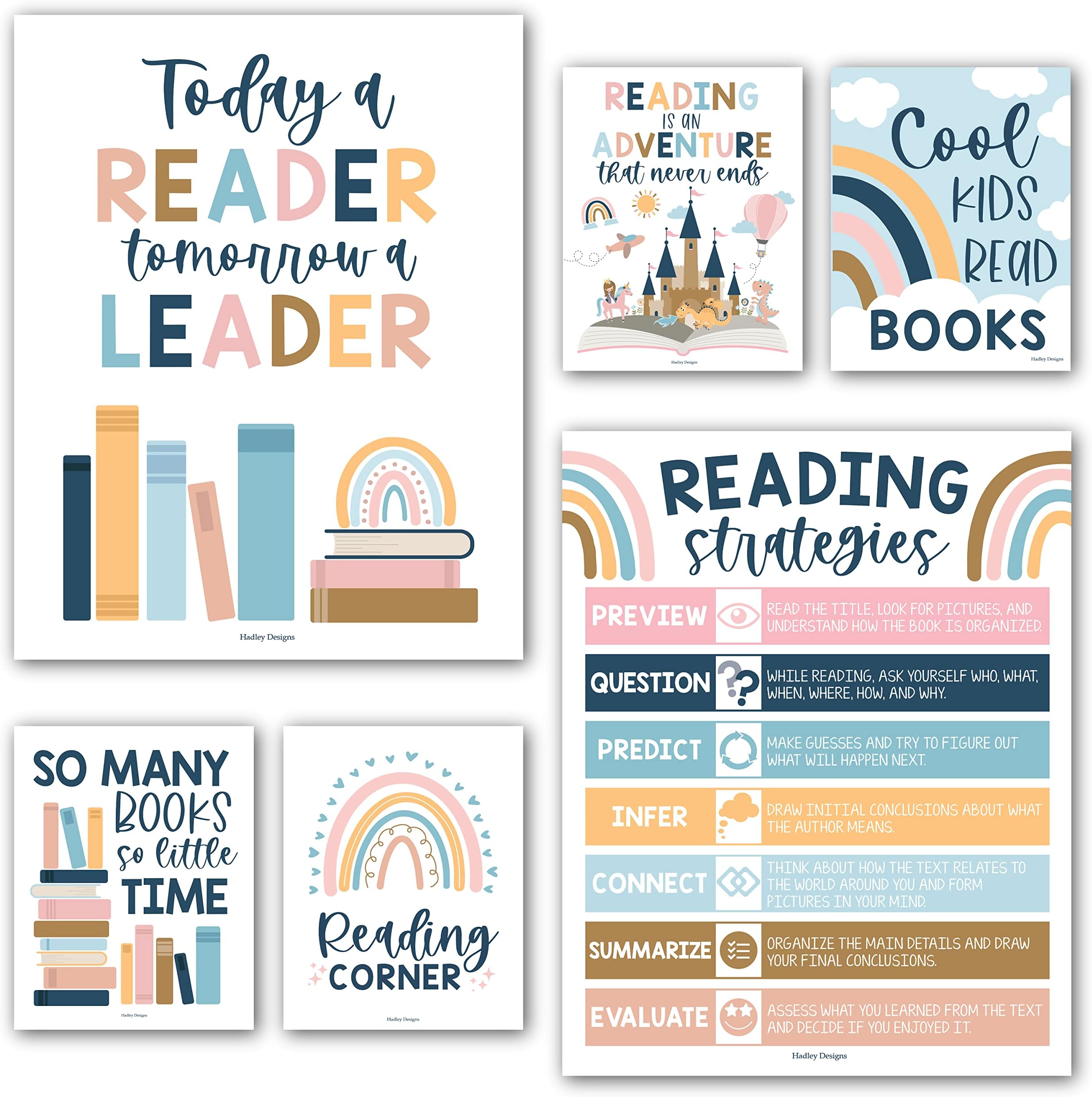 6 Boho Reading Posters For Classroom Library Decorations For School - Reading Posters For Elementary School, Reading Bulletin Board Sets For Classrooms, Reading Corner Decor For Classroom, Read Poster