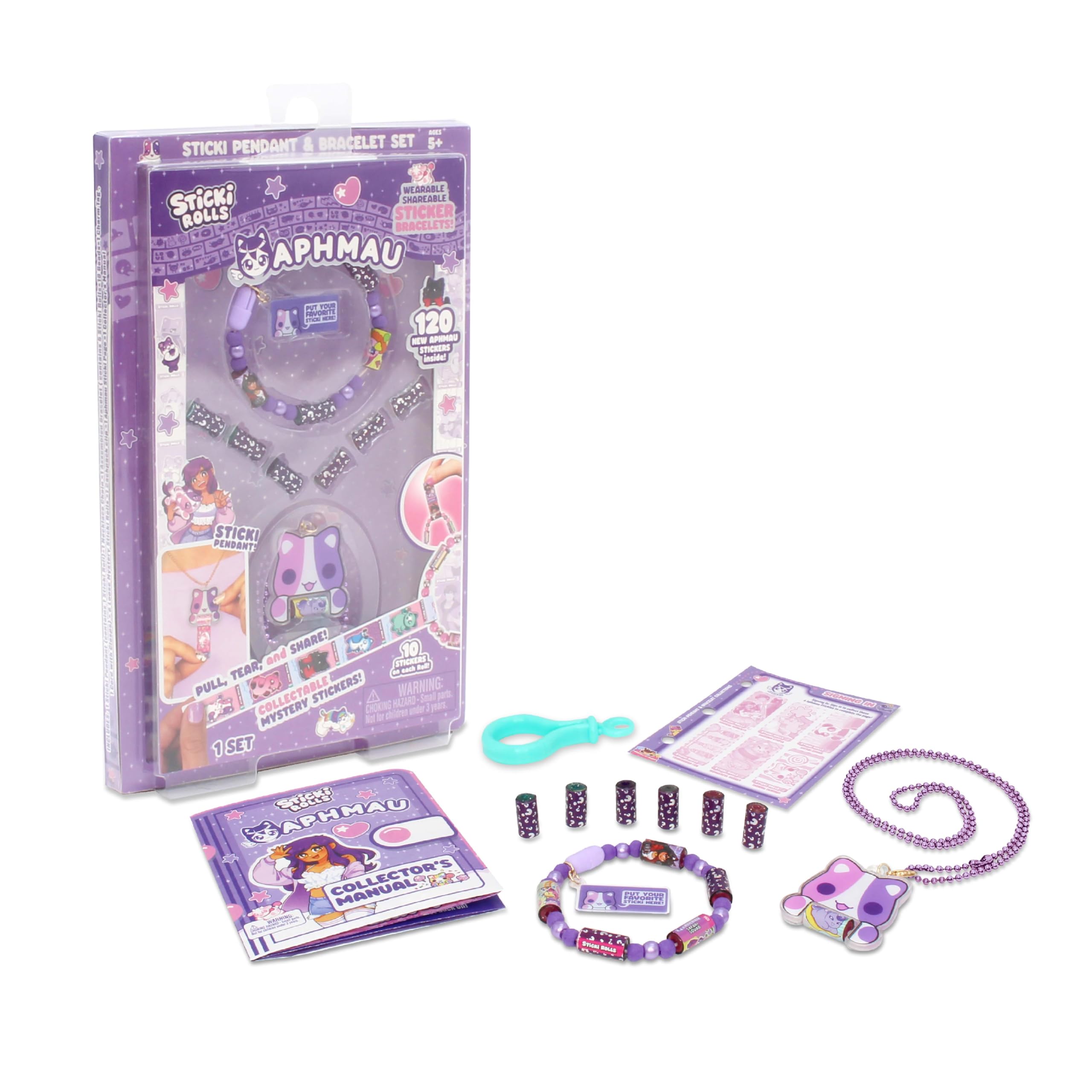 Sticki Rolls x Aphmau Ciondolo & Bracciale Set, Edizione Limitata, Include 120 Adesivi, Ciondolo Olografico Aphmau & Braccialetto, da Collezione Kawaii Divertimento!