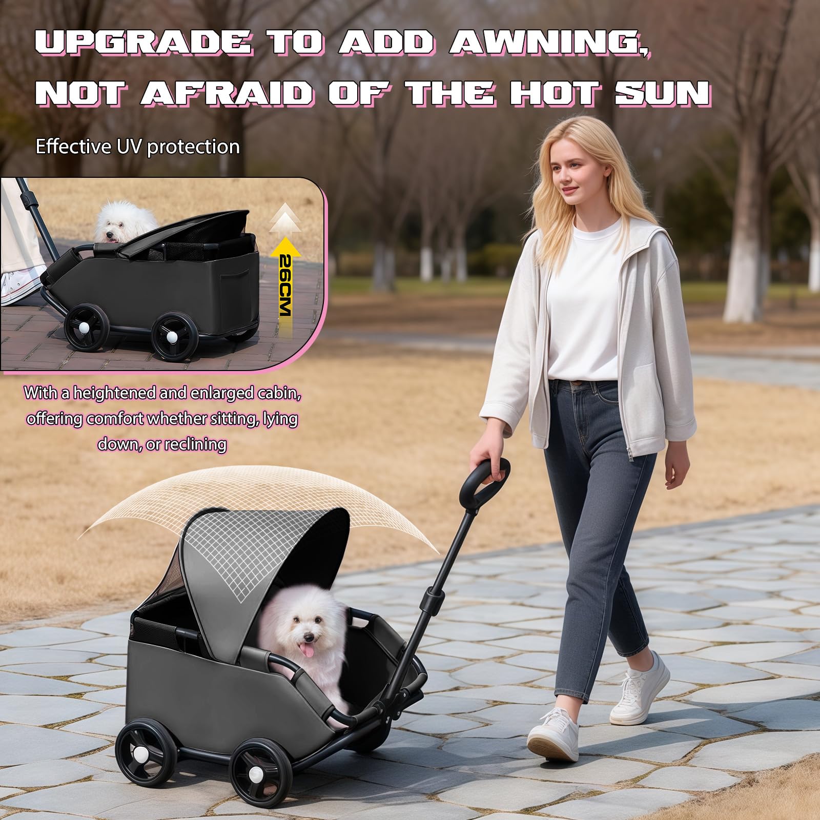 Chariot Pliable pour Chien, 4 Roues avec Barre Pivotante à 360°, Poussette pour Chat avec Visière Solaire, Mini Poussette pour Animaux de Compagnie, Tissu Oxford 600D (noir)