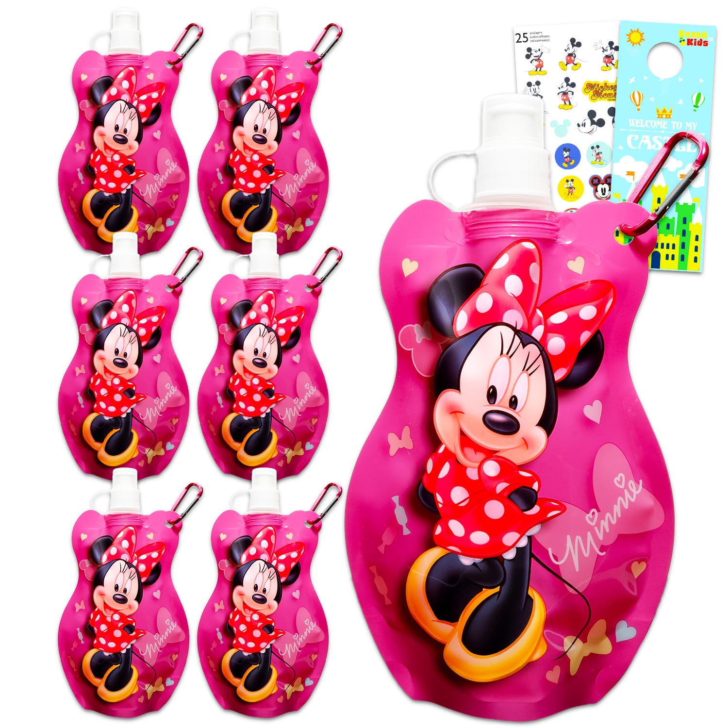 Disney Minnie Mouse Reusable Water Pouch Set - 6pc Bundle of 15oz Drink Bottles Pull Top Lids Stickers