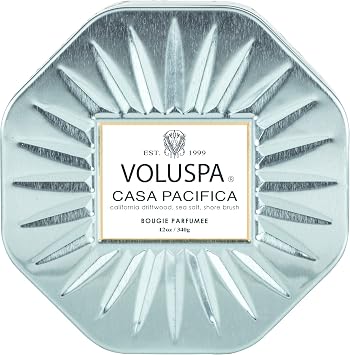 Voluspa Casa Pacifica, 3 Wick Tin Candle, 12 Ounces, 40 Hour Burn Time, Coconut Wax for Clean Burning, Handcrafted in the USA