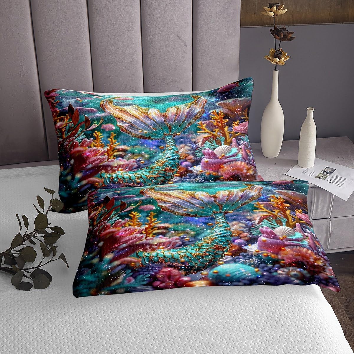 Erosebridal Mermaid Bedspread Queen Teal Mermaid Tail Quilt Set Ocean Fish Scales Dreamy Animal Coverlet Set for Kids Adults,Underwater World Sealife Bedding Quilted