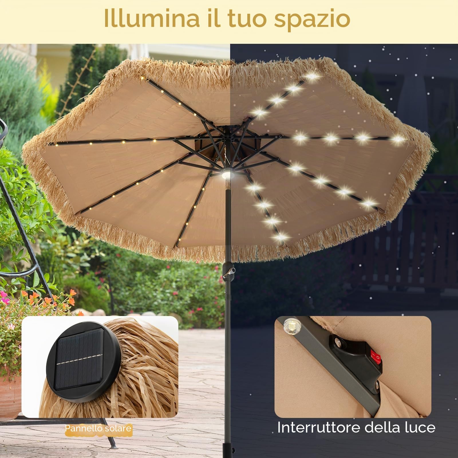 KOMFOTTEU Ombrellone da Spiaggia Ø270 cm Inclinabile in Paglia PE | Parasole Rafia con 8 Aste per Giardino Balcone senza Base, Naturale