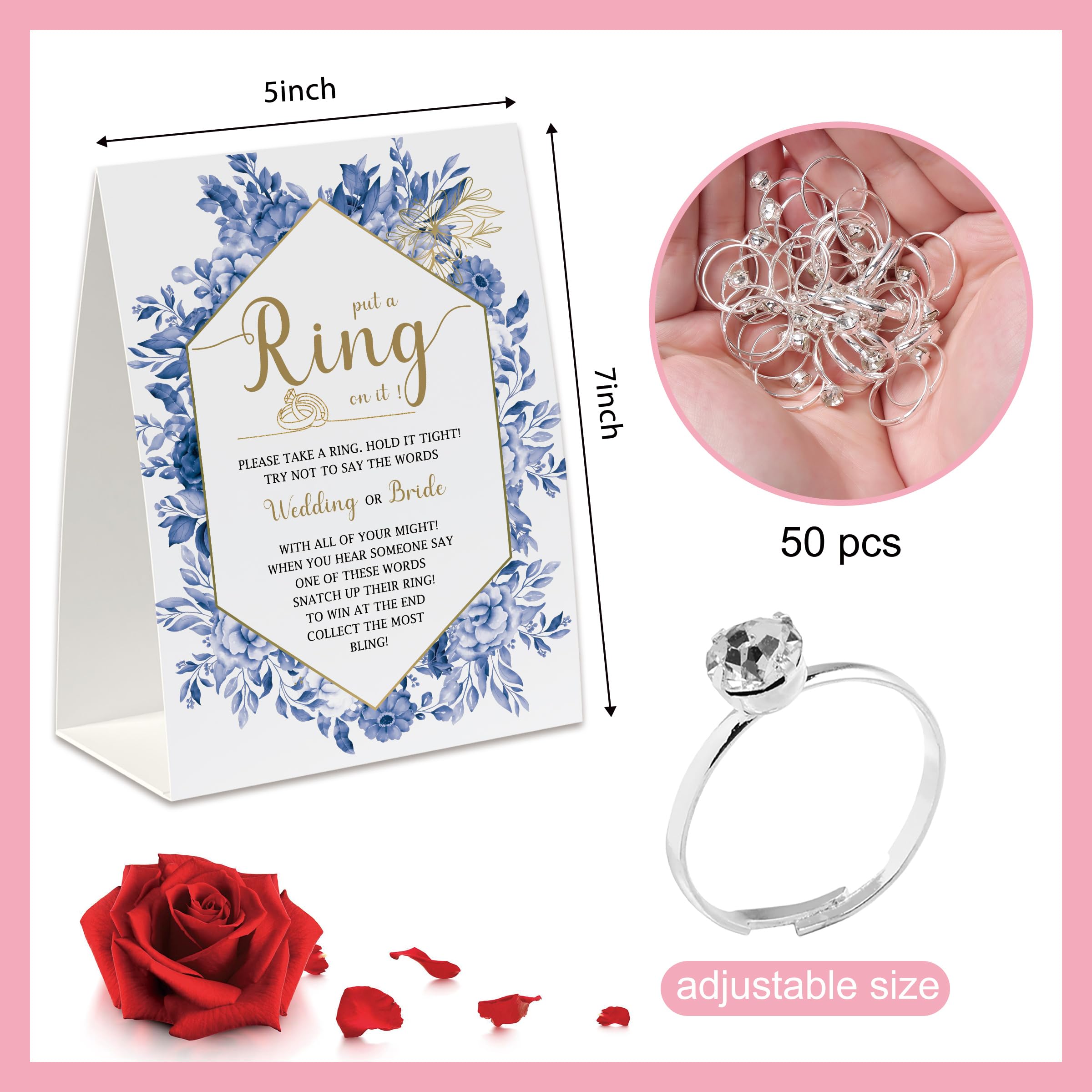 UHADRE Put A Ring on It Game(50 Rings with One Sign), Don't Say Wedding or Bride Game, Fun Bridal Shower Games, Bridal Shower Decorations Geometric Frame Blue Floral-JZDS06