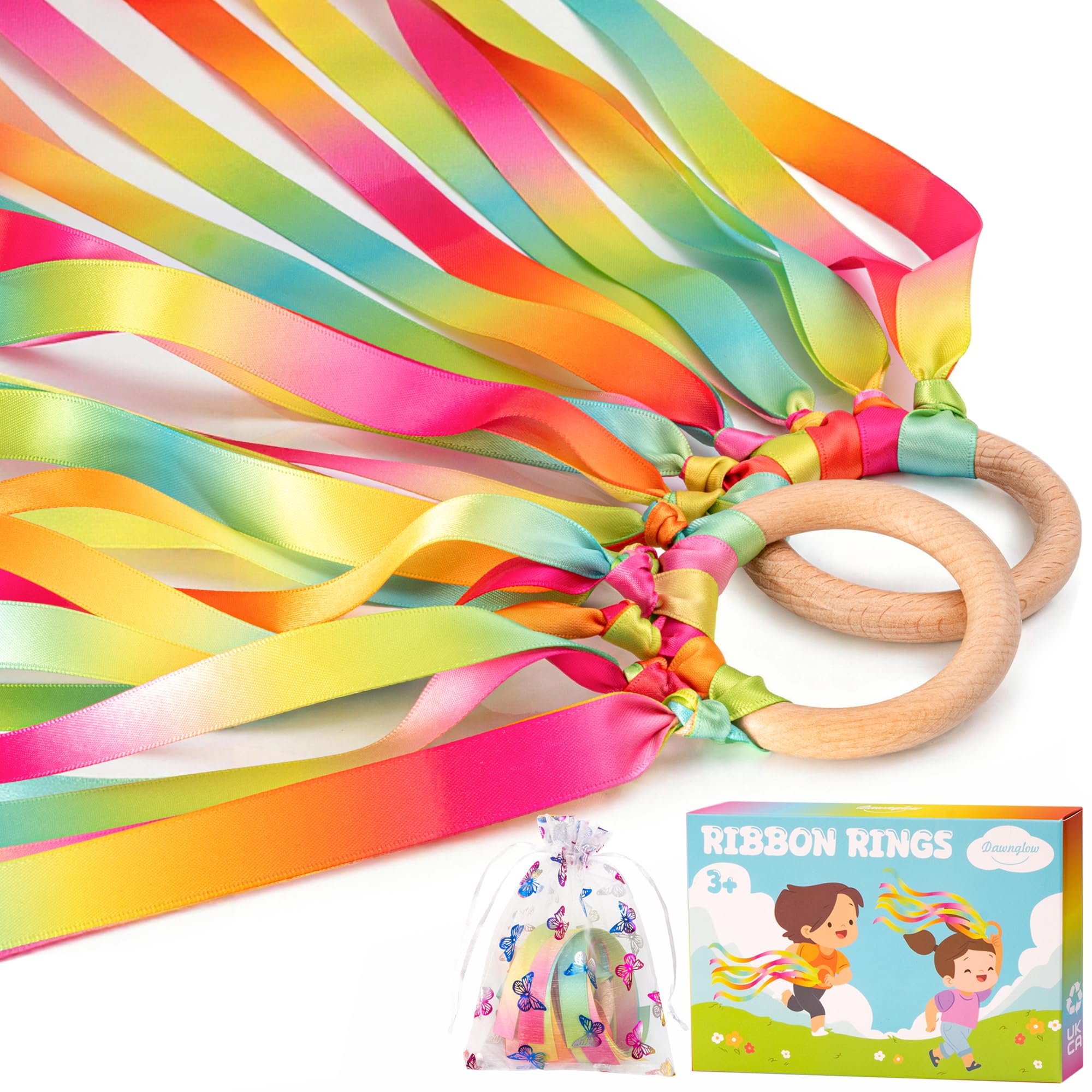 Dawnglow 2Pcs Gymnastics Dance Ribbons, Ribbon Hand Kite, Rainbow Dancing Streamer with Wood Ring for Artistic Dance, Gymnastics, Entertainment, Decoration and Party - Neon Pulse
