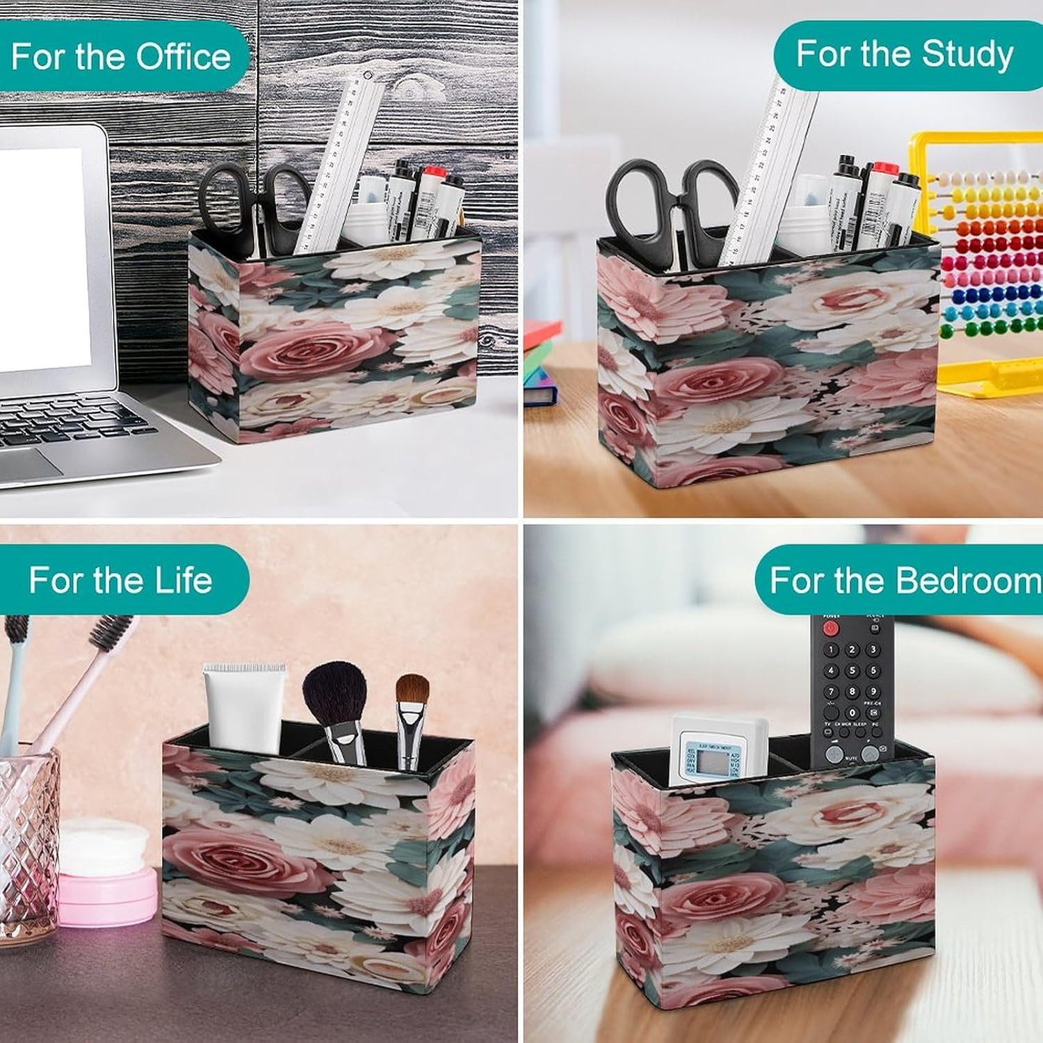 Flowers with Pink And Green Leaves Pen Holder Double Compartments Pen Cup Fashion Makeup Brush Holders Leather Pencil Holder for Work Locker Accessories Modern Pencil Cup for Desk Organizer image 4