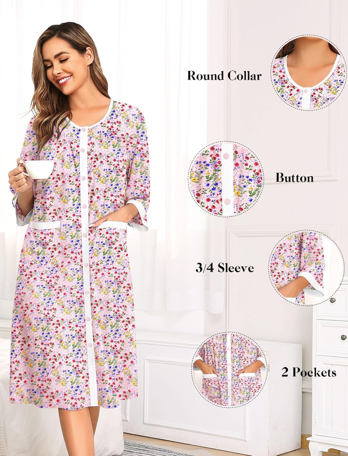 SWOMOG House Dress for Women Snap Front Dusters for Women with Pockets 3/4 Sleeve Cotton Nightgown S-XXXL - Image 5