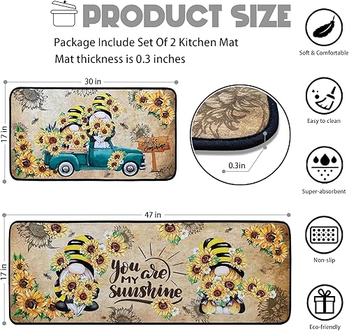 Miniatura 3 de Alfombras de Cocina Girasol, Alfombrillas Antideslizantes Lavables de Microfibra para el Piso de la Cocina, Juego de 2 Piezas de Alfombrillas de