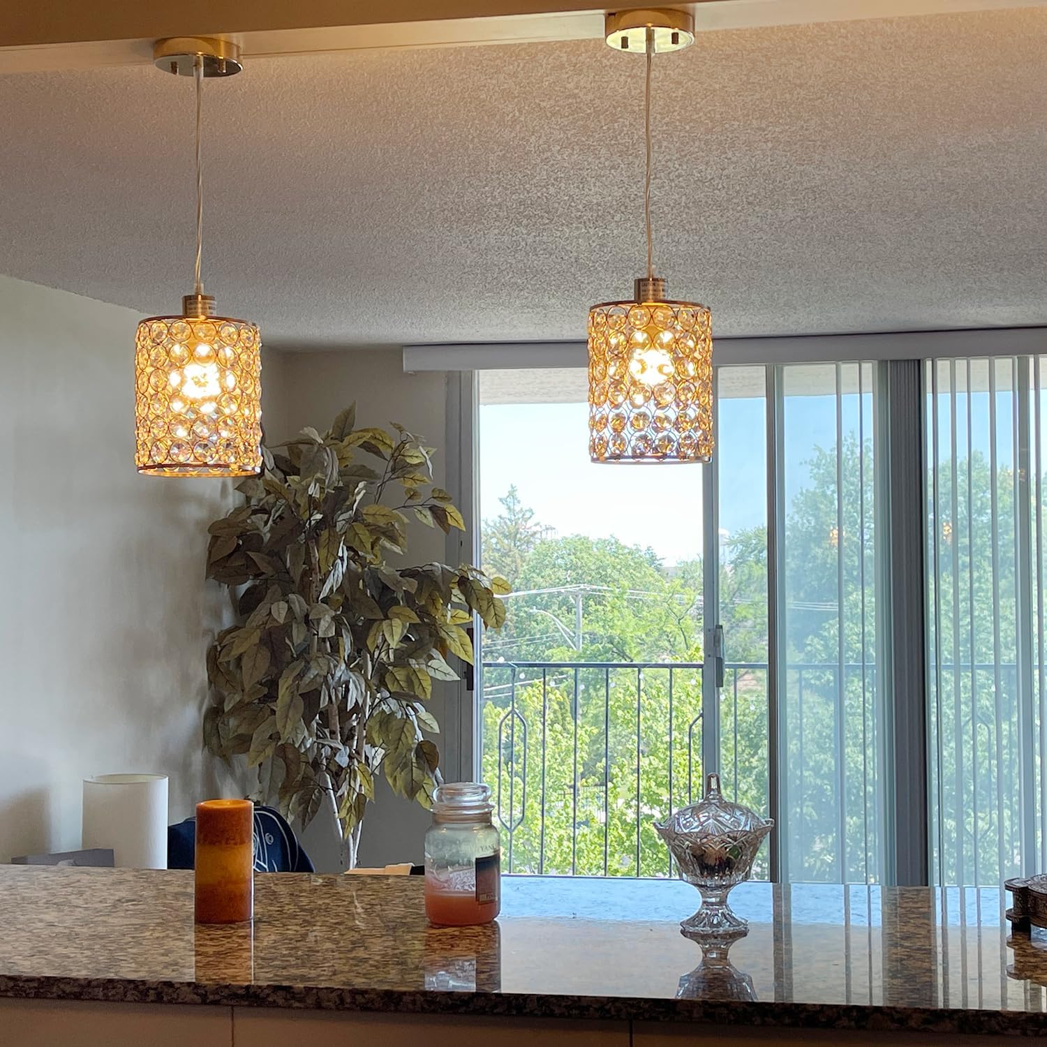 TISLYCO Modern Crystal Pendant Light Fixtures Set of 2, Ceiling Hanging Crystal Chandelier Over Kitchen Island Sink Lighting,Chrome Pendant Lighting For Dining Room, Bathroom, Hallway, EntryWay,Closet