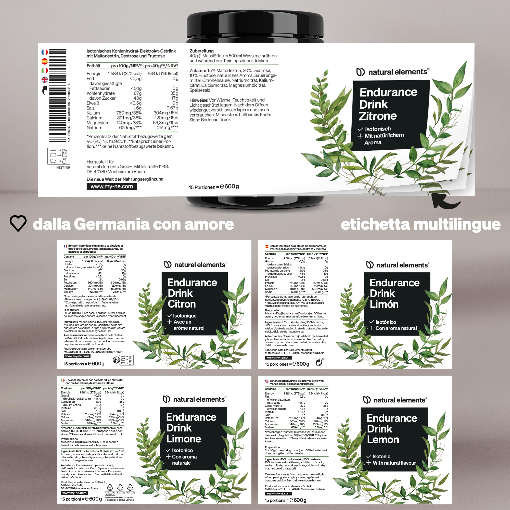 Endurance Drink Limone – 600g di polvere isotonica – con elettroliti e carboidrati – gusto limone – vegano, alta biodisponibilità – prodotto e testato in laboratorio in Germania