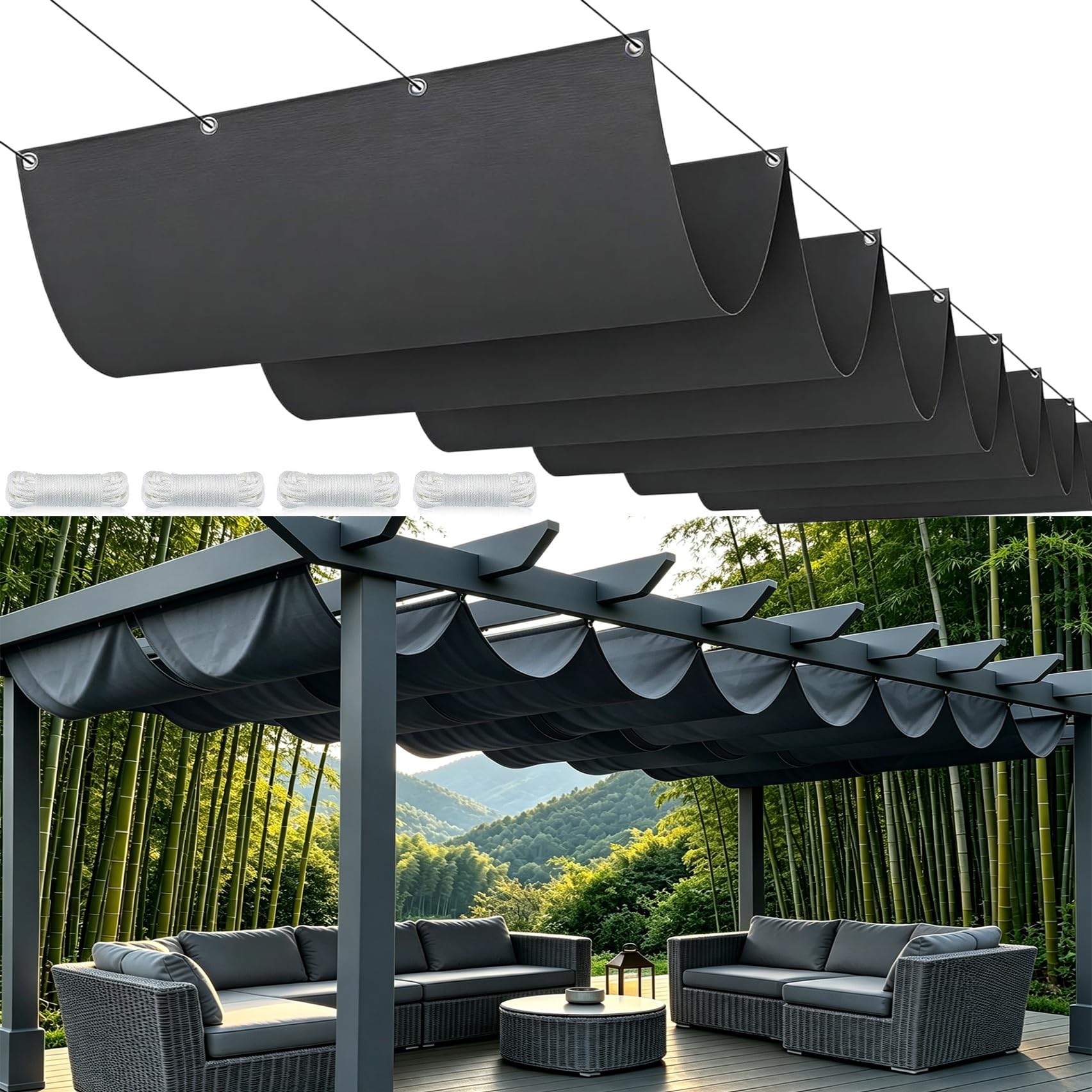 Voile d'ombrage Rétractable 160 x 450 cm Imperméable Multi Couleur Taille UV Protection Solaire, Résistant à La Déchirure Voile d'ombrage Rétractable Ondulée pour Terrasse Garage Jardin, Gris Foncé