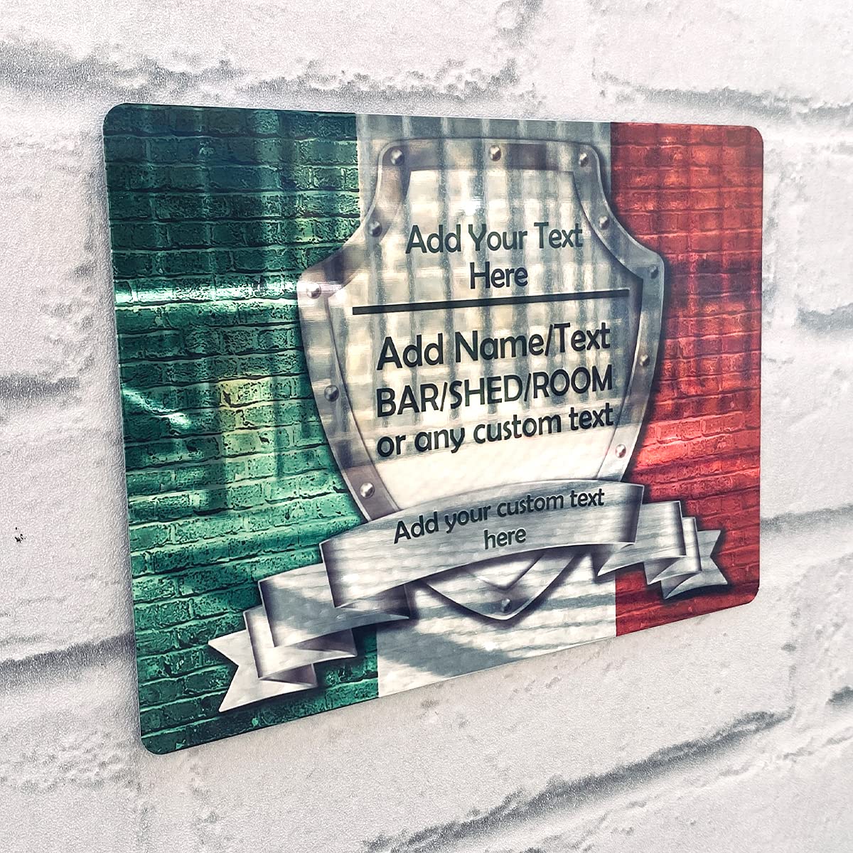 Shopquality4u Italian Bar Sign Personalised Mirror Bar Sign - Italy Italian Flag Printed Metal Mirror Sign Wall Art A5 Bar Add Name (20X14cm)