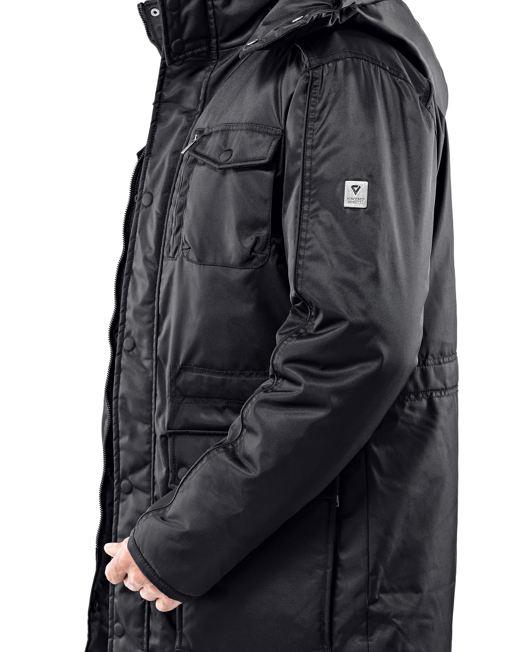 Vincenzo Boretti Chaquetón de hombre para invierno, forrado caliente y suave, incluso los bolsillos y la capucha desmontable con piel sintética, elegantes botones pespunteados