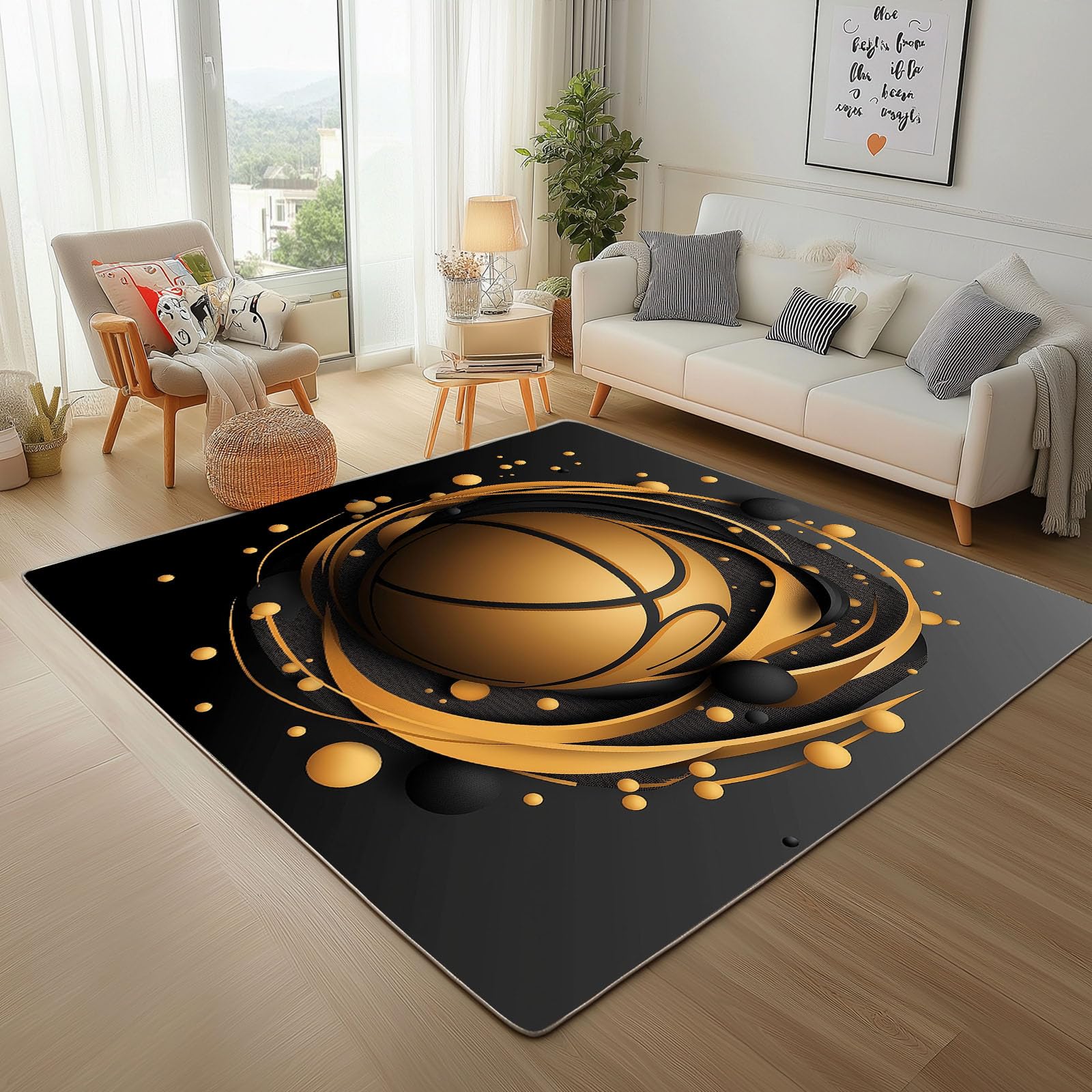 Tapis salon basketball or noir 160x230cm avec descente de lit adulte
