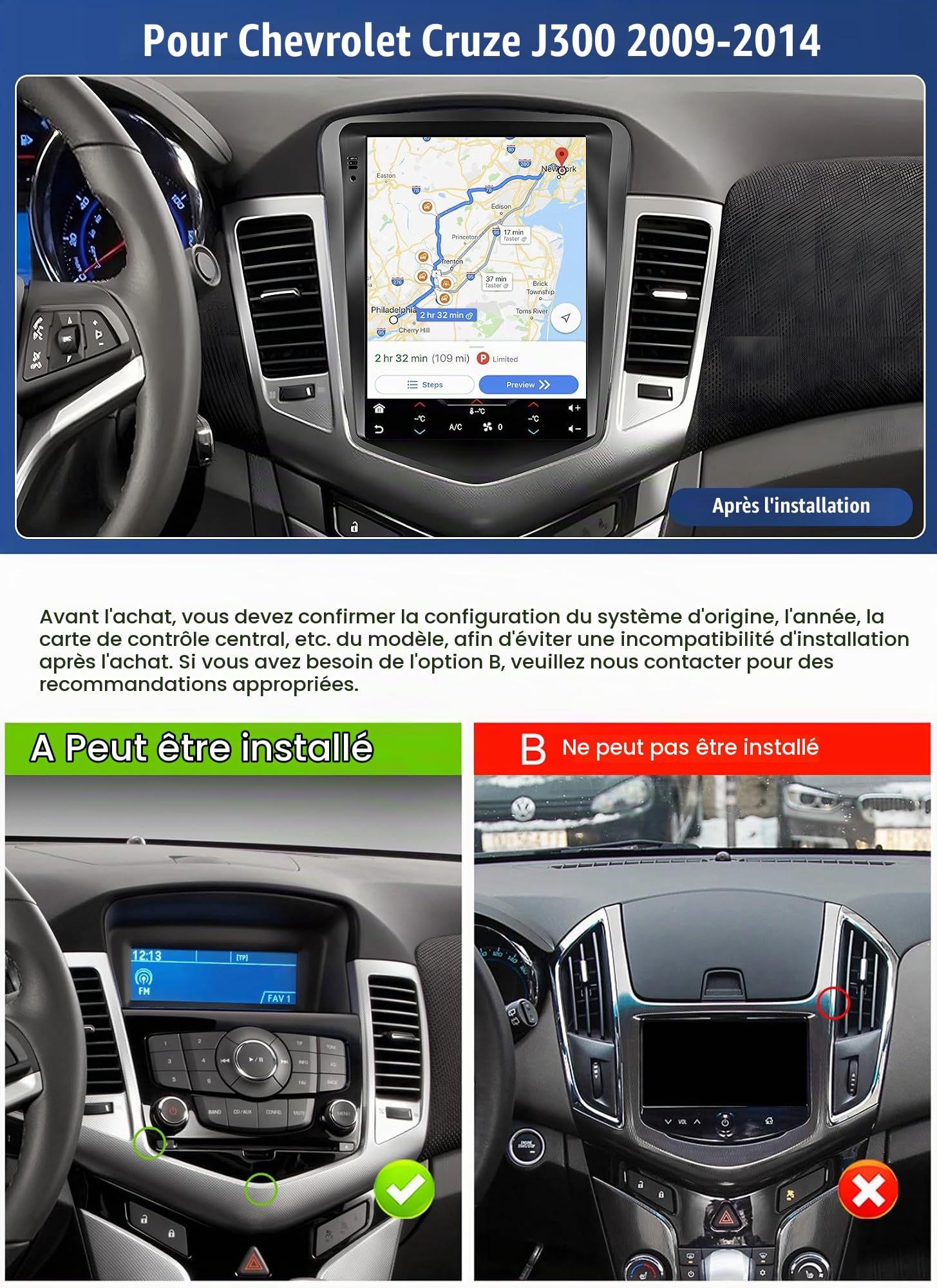 OiLiehu 6+128G/8 Cœurs Android 13 Autoradio pour Chevrolet Cruze J300 2009-2014 avec CarPlay Android Auto sans Fil, 9,7“ IPS Écran Tactile avec GPS WiFi Lien Miroir Bluetooth FM/RDS DSP EQ SWC Caméra