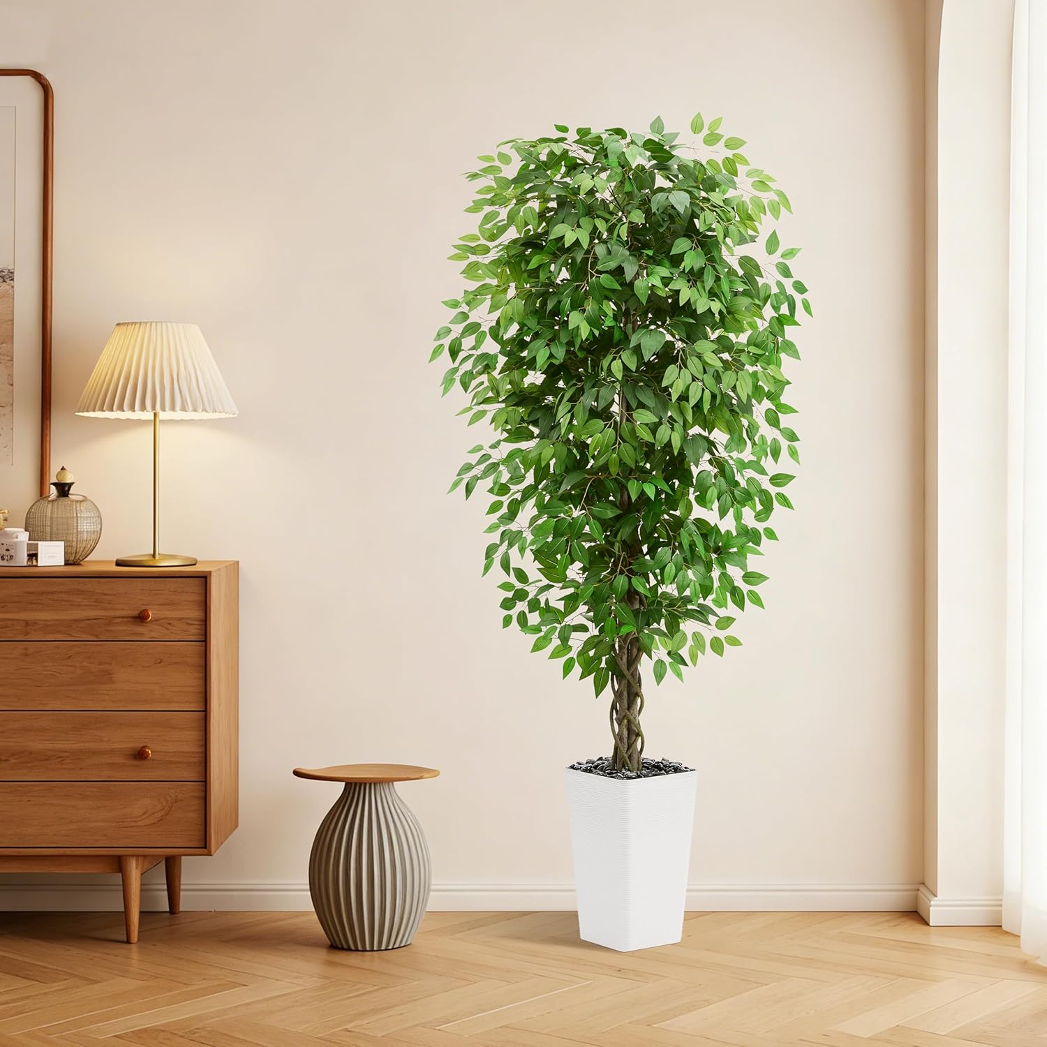 Artificial Ficus Tree 6FT Faux Plants Indoor Tall Fake Plants with White Planter, Green Lifelike Lush Fake Ficus Tree for Home Living Room Bedroom Outdoor Balcony House Office Decor - Image 9