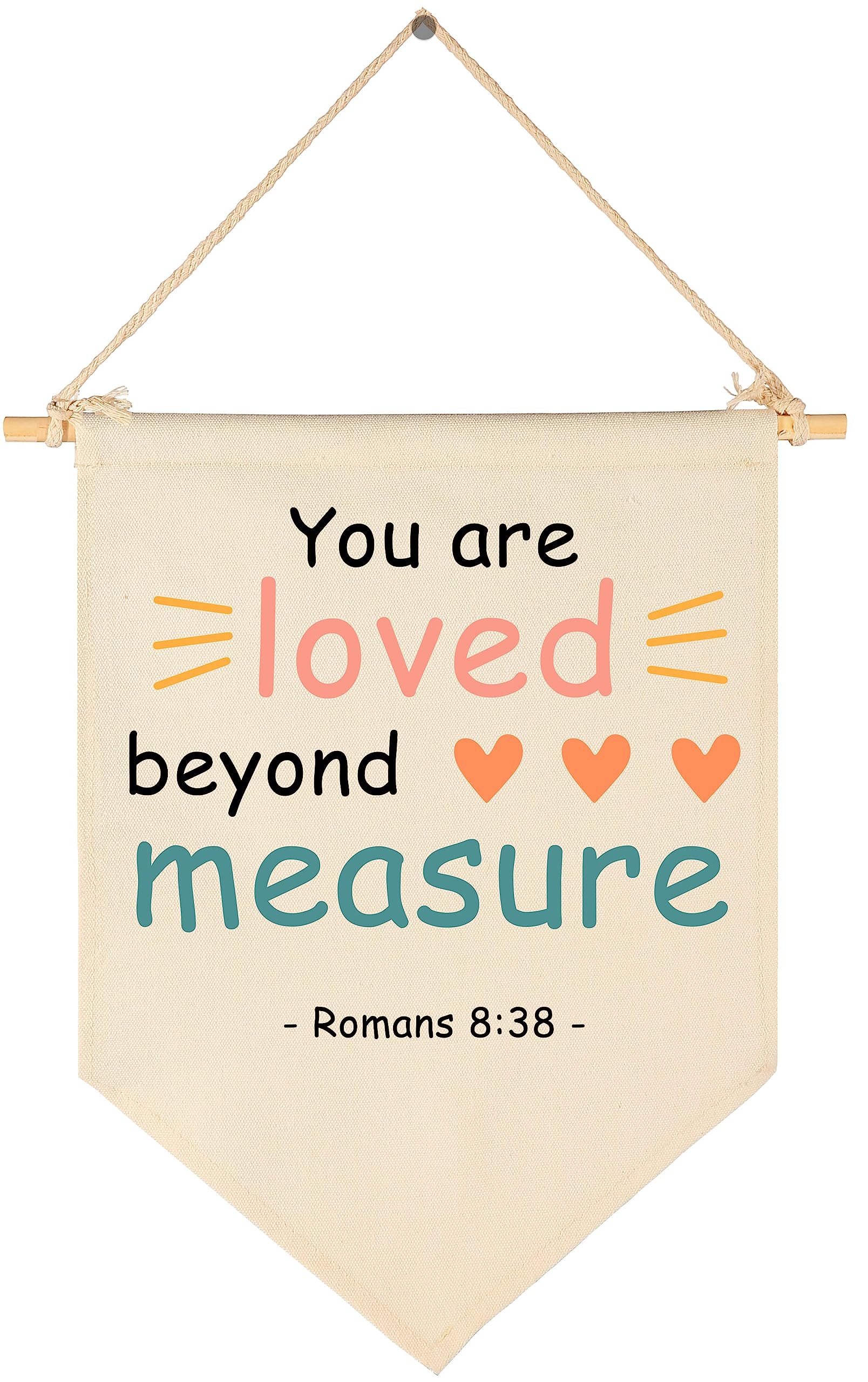 Christian Bible Verses Art-Scripture Pennant Flag Sign Gift for Baby Newborn Boys Girls Kids-Banner Wall Decor Gift for Nursery Bedroom Playroom Front Door-Baby Gift Shower-You are Loved Beyond