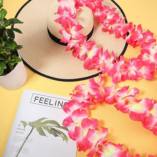 Miniatura 7 de Sherr 24 piezas de collar de flores hawaianas de Leis con luces LED, para playa, tropical, carnaval, fiesta, suministros de boda, Luau Leis para