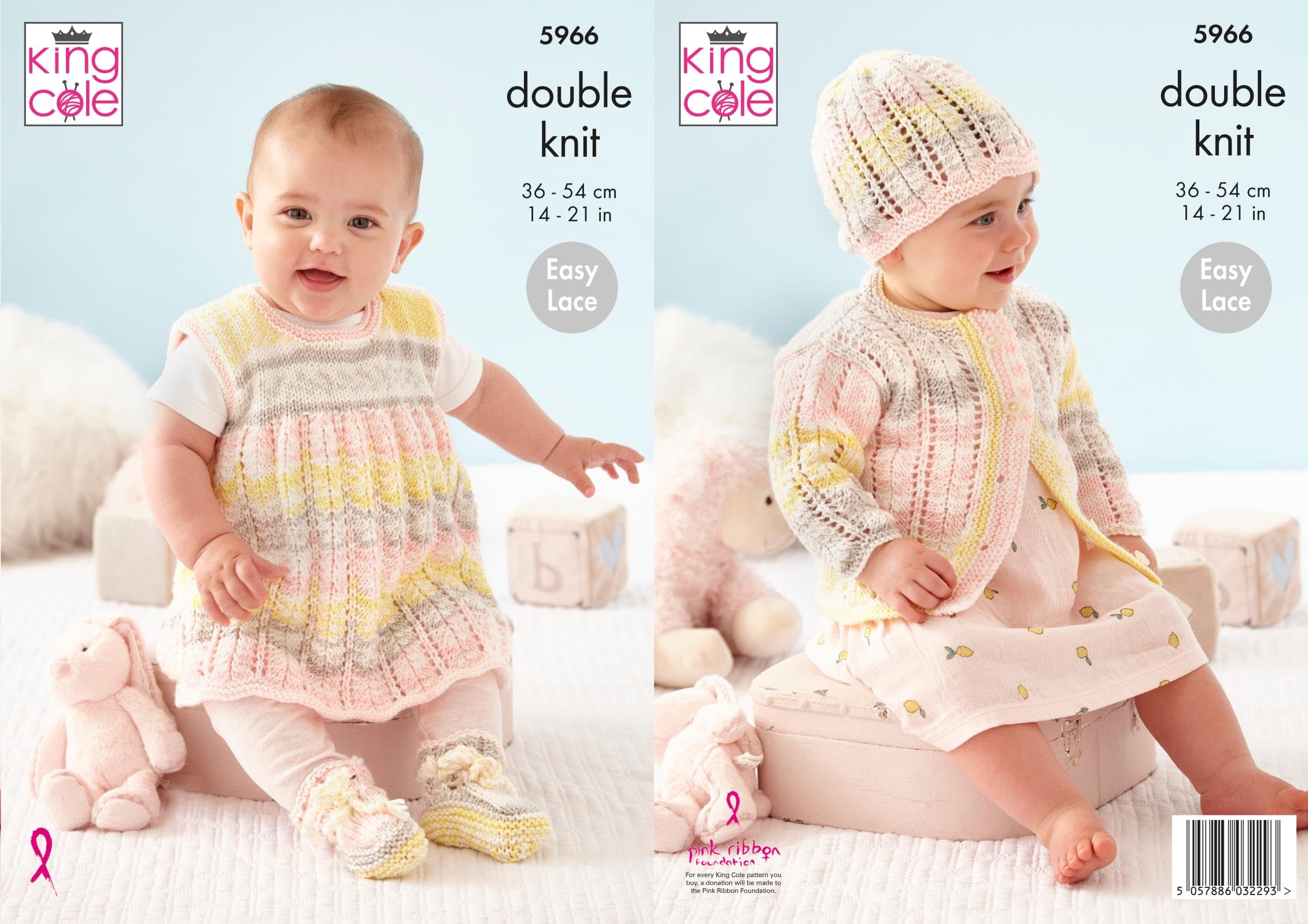 King Cole Double Knit Baby DK Knitting Pattern Cardigan Pinafore & Bootees (5966), 14" - 21"