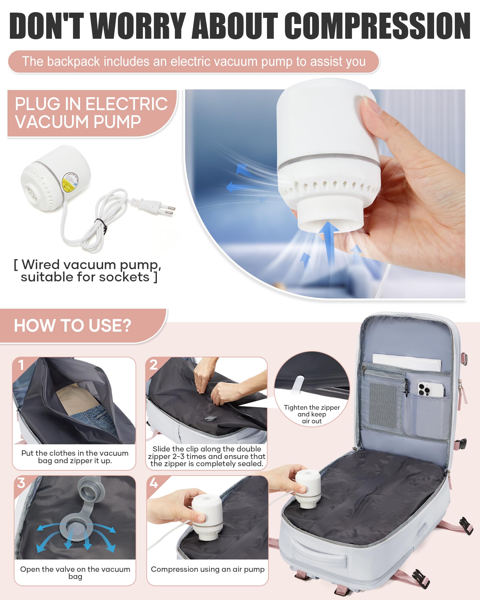 BJLFS Zaino da Viaggio con Sottovuoto Ryanair 40x30x20 Wizzair Bagaglio a mano 40x20x25 Ryanair con Pompa Borse da Cabina per Easyjet 45x36x20 con compressione sottovuoto,Zaino Casual per Laptop