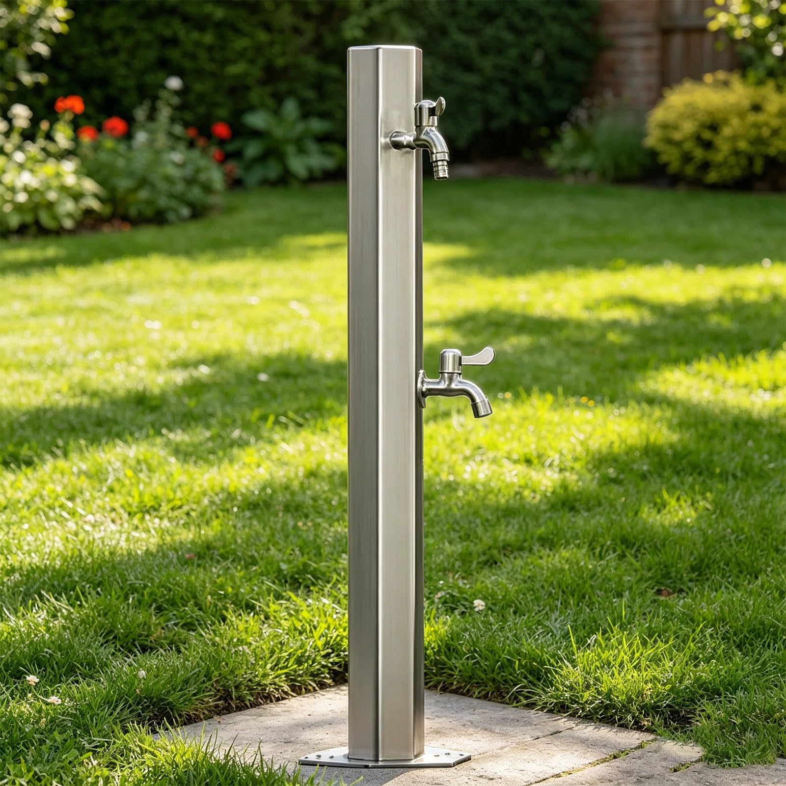304 Stainless Steel Vertical Water Column，Freestanding Hose Stand with Double Faucet, Antifreeze Hydrant Water Feature Fountain for Irrigation
