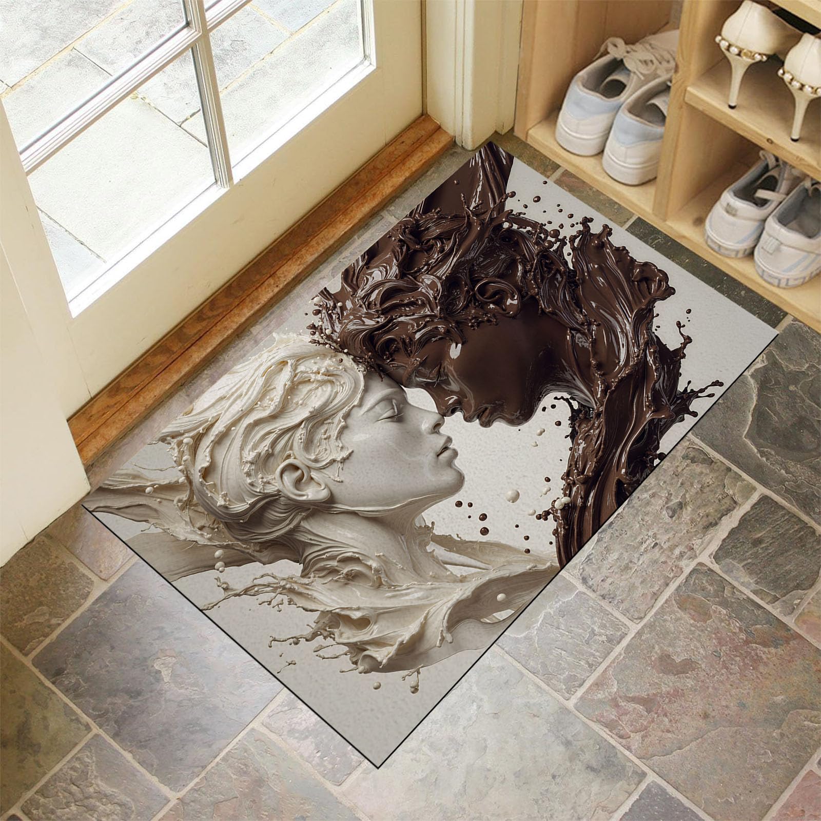 Zerbino 90X150Cm Per Interni Ed Esterni,Ritratto 3D Cioccolato Latte,Tappetino Lavabile In Lavatrice,Zerbini Resistente Morbido Antiscivolo,Astratta Schizzi D'Inchiostro,Tappeto Ingresso,Beige Marrone