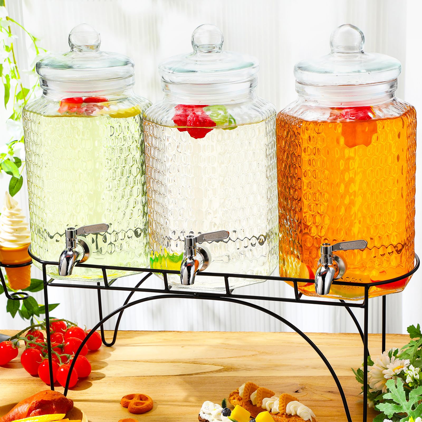 3 dispensadores de bebidas de 1 galón, dispensador de bebidas de vidrio con soporte, grandes recipientes transparentes para fiestas, jarra de vidrio con espiga y tapa para fiesta, bar,