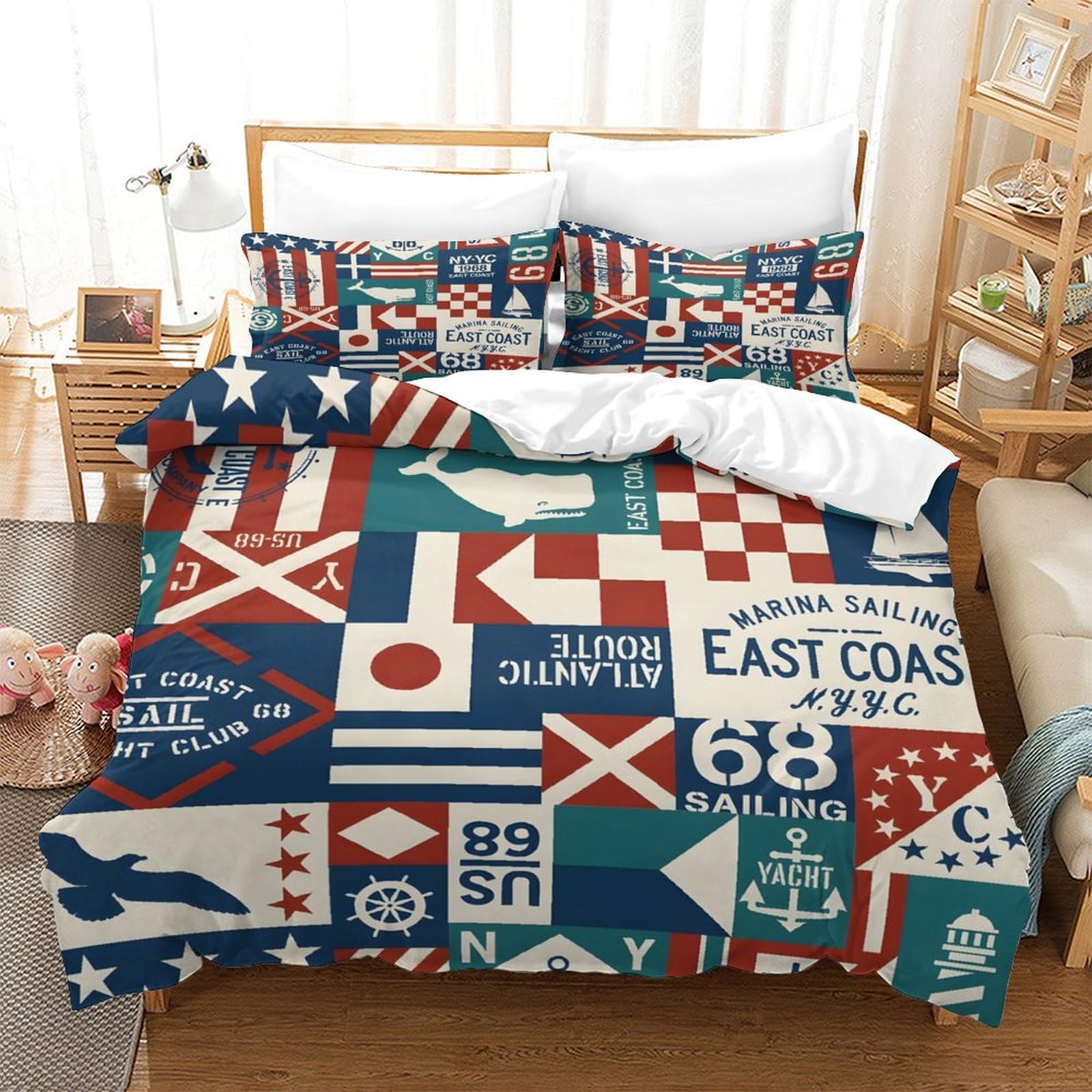 GDEKCIEAS East Coast Nautical Flags Bedding Set 3 Pieces for Kids Boys Girls Duvet Cover Comforter Cover Bedspread Quilt Cover Soft Microfiber Home Decor Bedroom Set for All Ages Single（140x200cm）