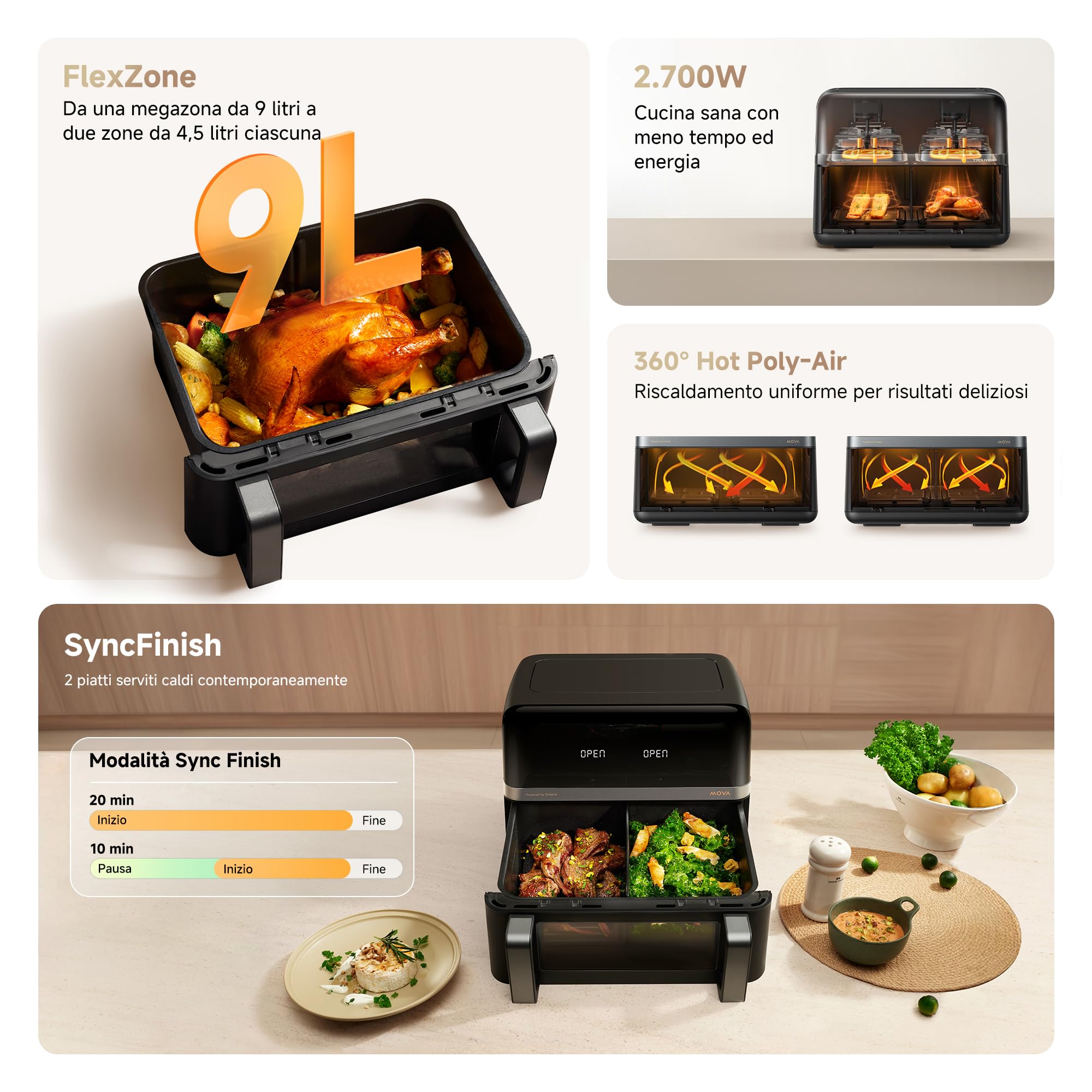 MOVA AeroChef FD20 Pro friggitrice ad aria a doppio cestello | Doppio cestello da 9L, SyncFinish, potenza da 2.700 W, temperatura 40°C-230°C, 7 programmi, rivestimento antiaderente