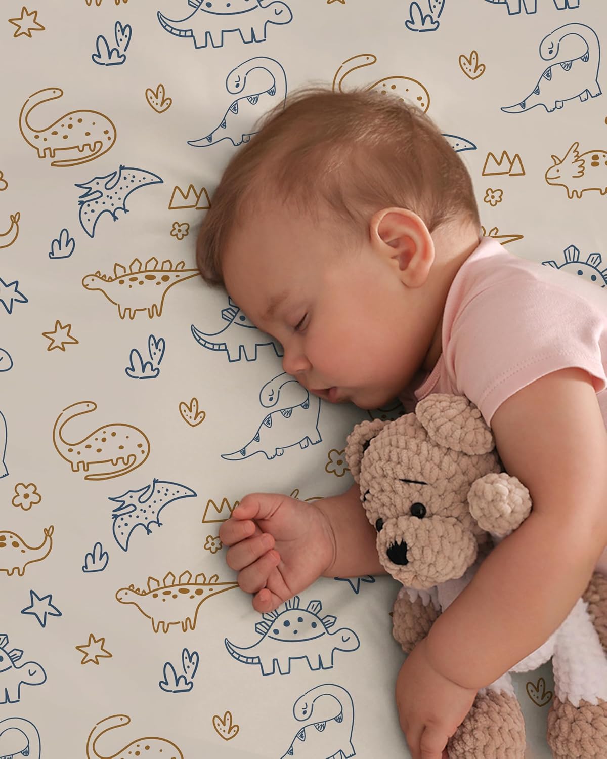 Baby Crib Sheets for Boys and Girls, Toddler Bed Sheets Fitted for 52”x28”Standard Crib and Toddler Mattresses, 4 Pack Soft Stretchy Microfiber Khaki Blue Dinosaur - Image 6