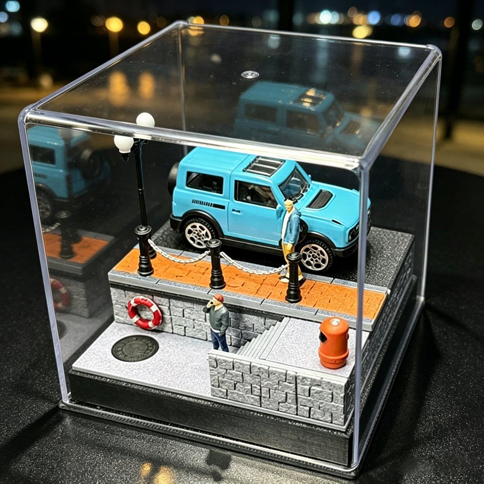 Caja de Exhibición para Modelo de Coche en Miniatura con Detallado Escenario de Aparcamiento Y Figura Humana de Resina con Cubierta Acrílica