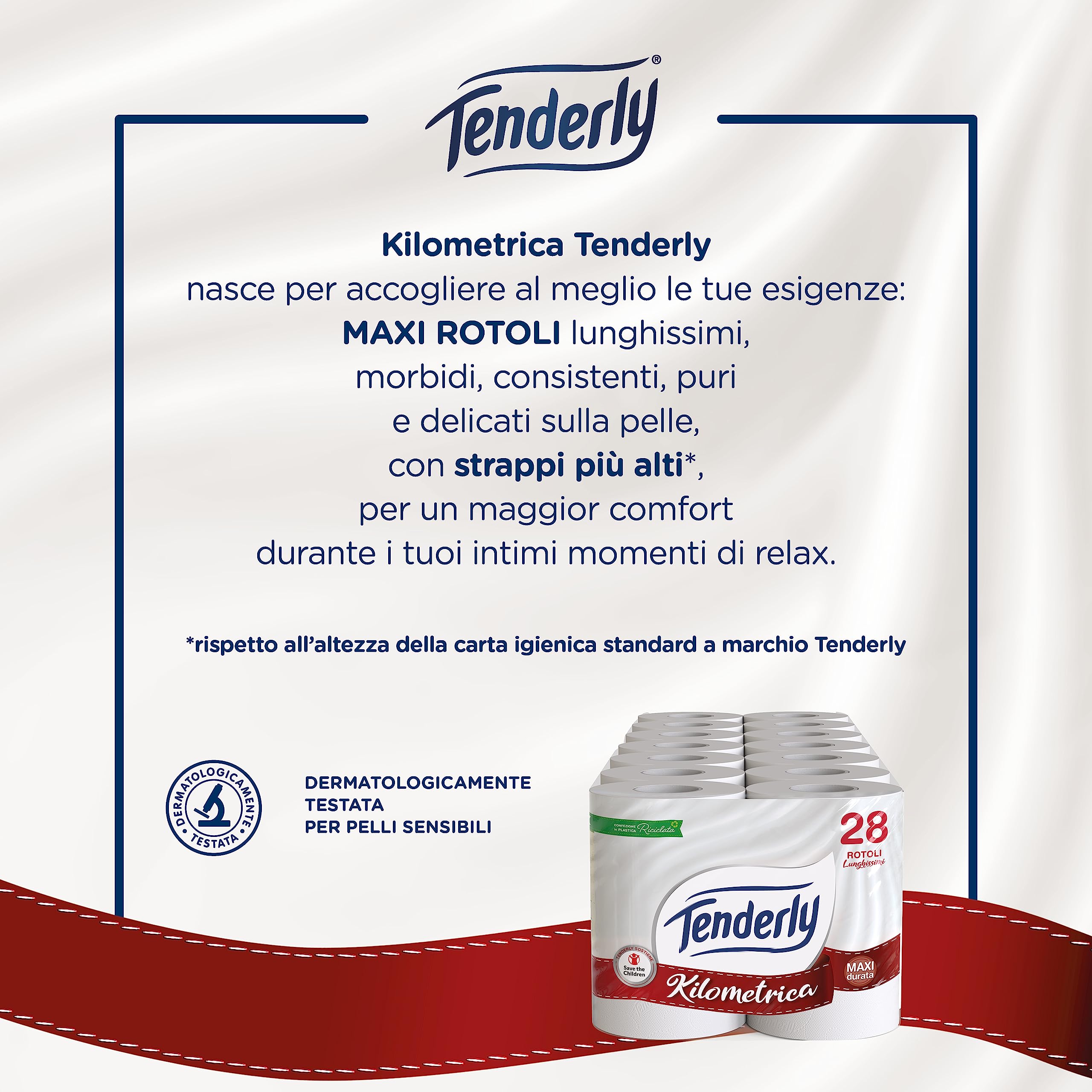Tenderly Save the Children, 28 Maxi Rotoli di Carta Igienica, 2 Veli, 450* Strappi, Morbida e Adatta alle pelli Sensibili, Made in Italy, Dermatologicamente Testato