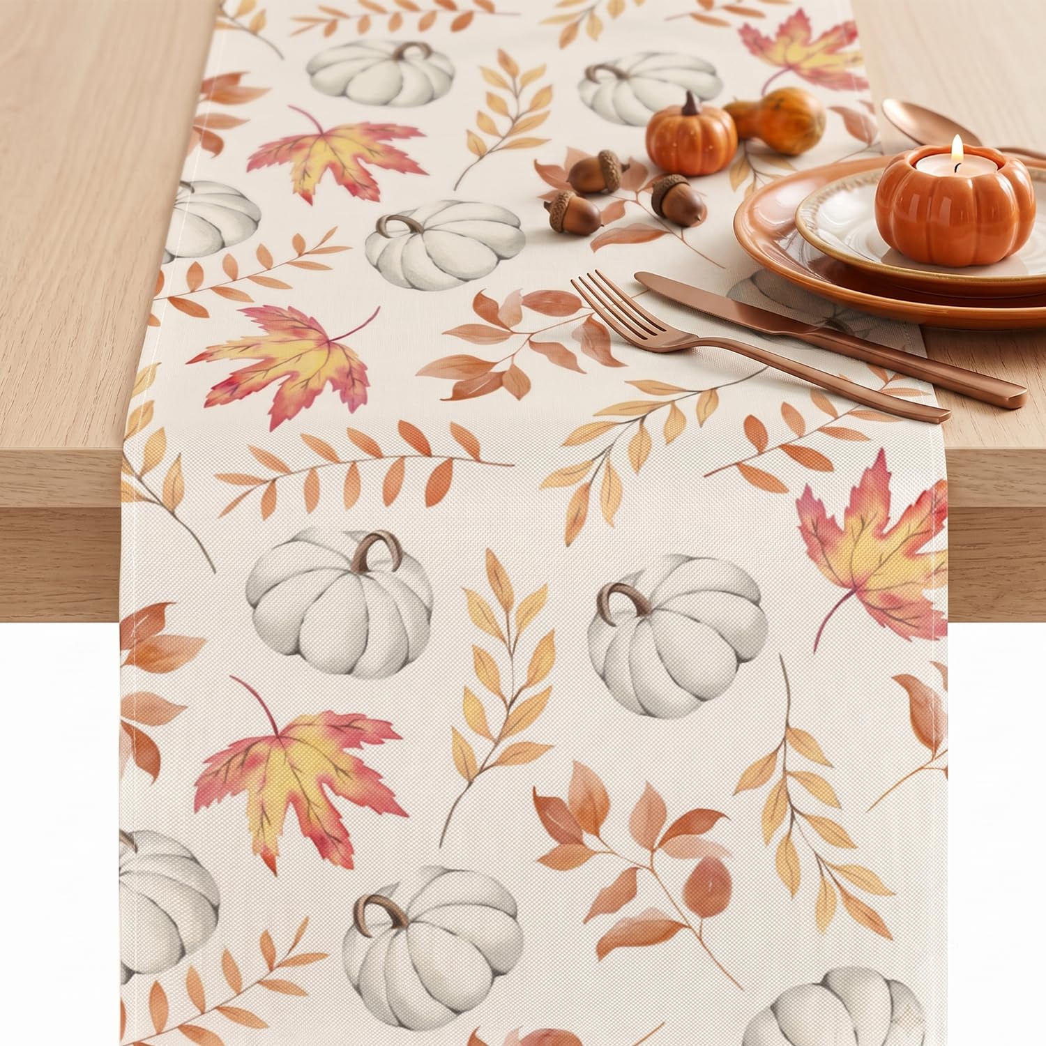 Table Runner, Fall Decorations Autumn Maple Leaf Pumpkin Harvest Dining Table Runner, Seasonal Home Decor for Thanksgiving Kitchen Party 33 x 183 cm