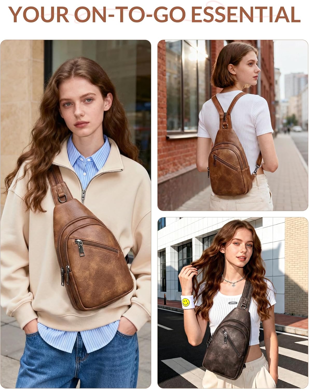 Sling Bag for Women, Crossbody Bags for Women Trendy Crossbody Purse Vegan Leather Sling Backpack Chest Bag with Dual Purpose Strap, Black Brown - Image 2